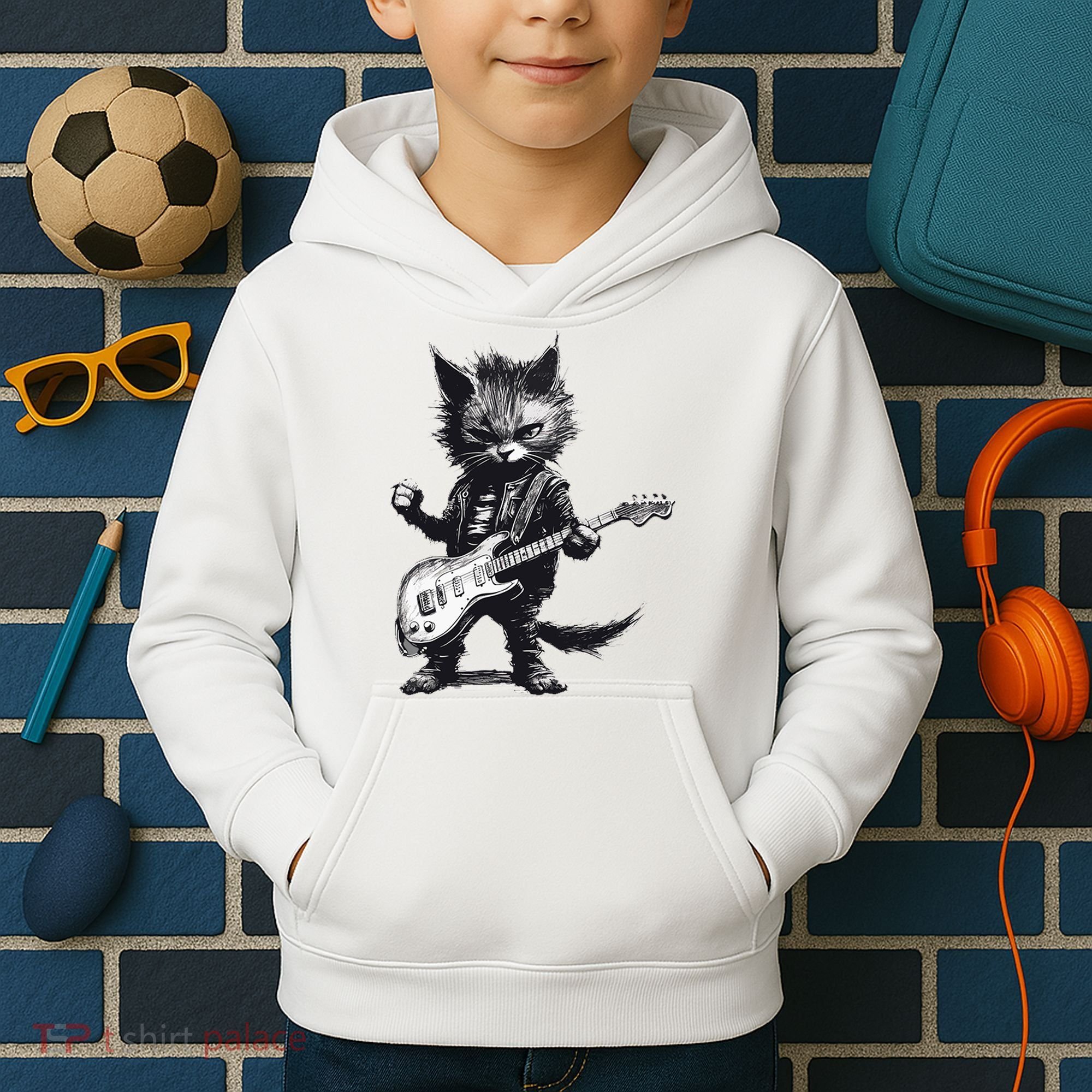Rock And Roll Cat Guitar Kids Hoodie