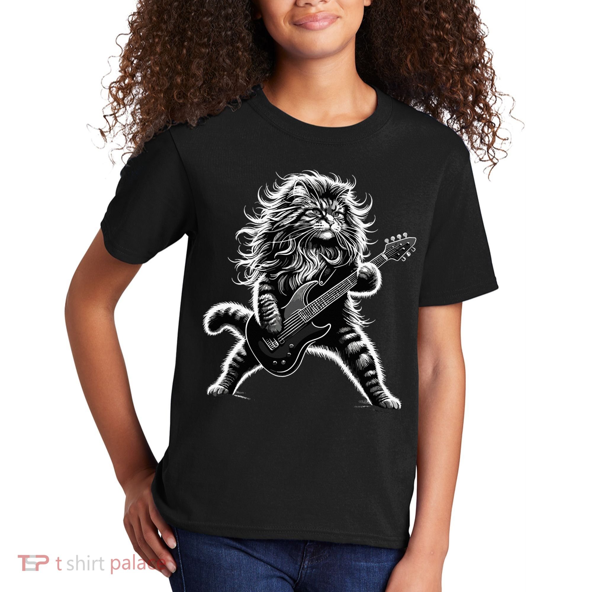 Rock And Roll Cat Playing Guitar Kids T-Shirt
