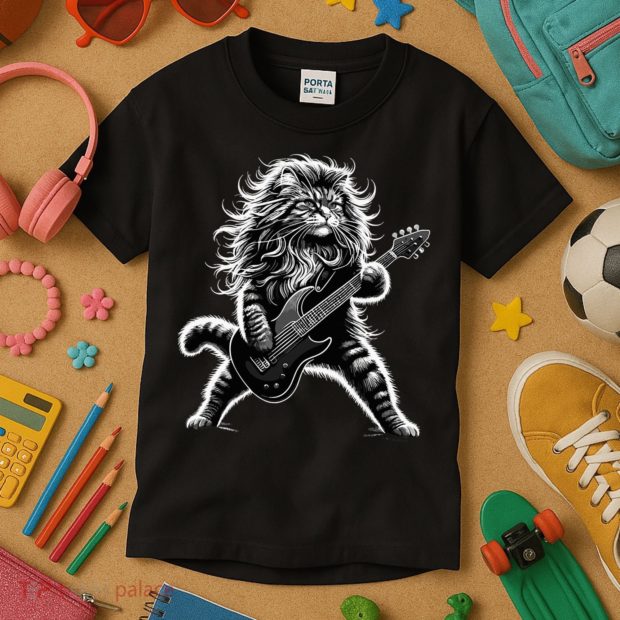 Rock And Roll Cat Playing Guitar Kids T-Shirt