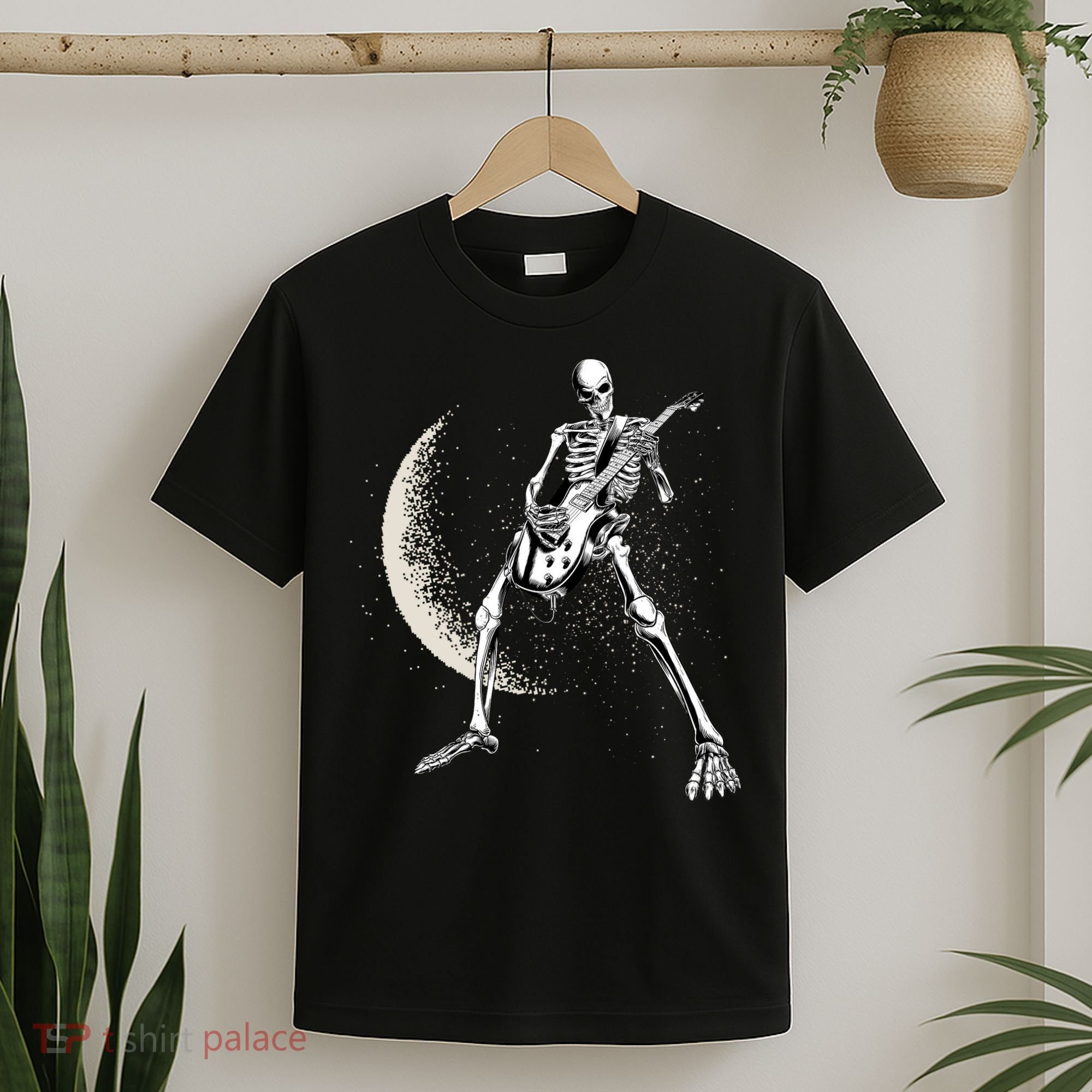 Rock And Roll Skeleton Moon Guitar T-Shirt