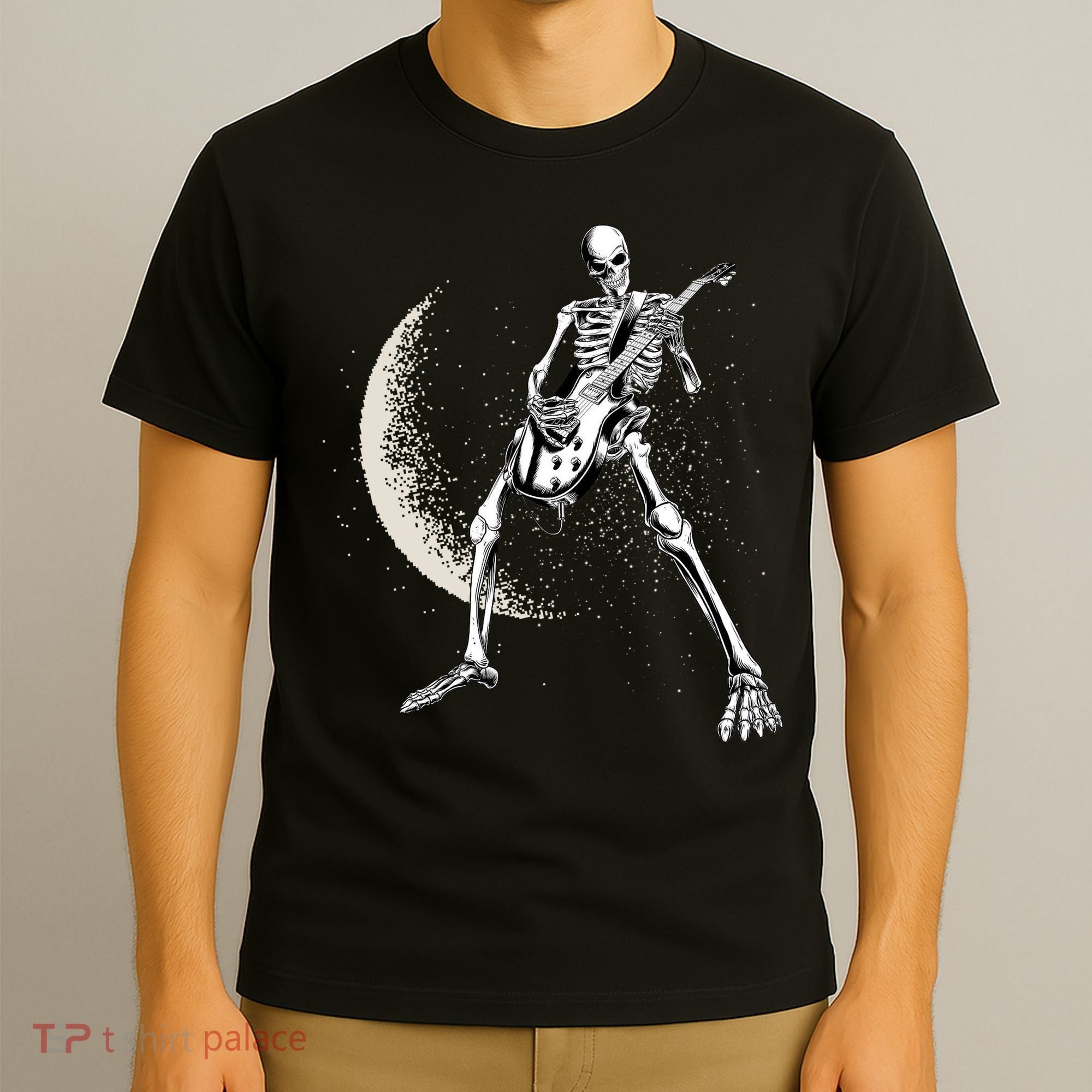 Rock And Roll Skeleton Moon Guitar T-Shirt