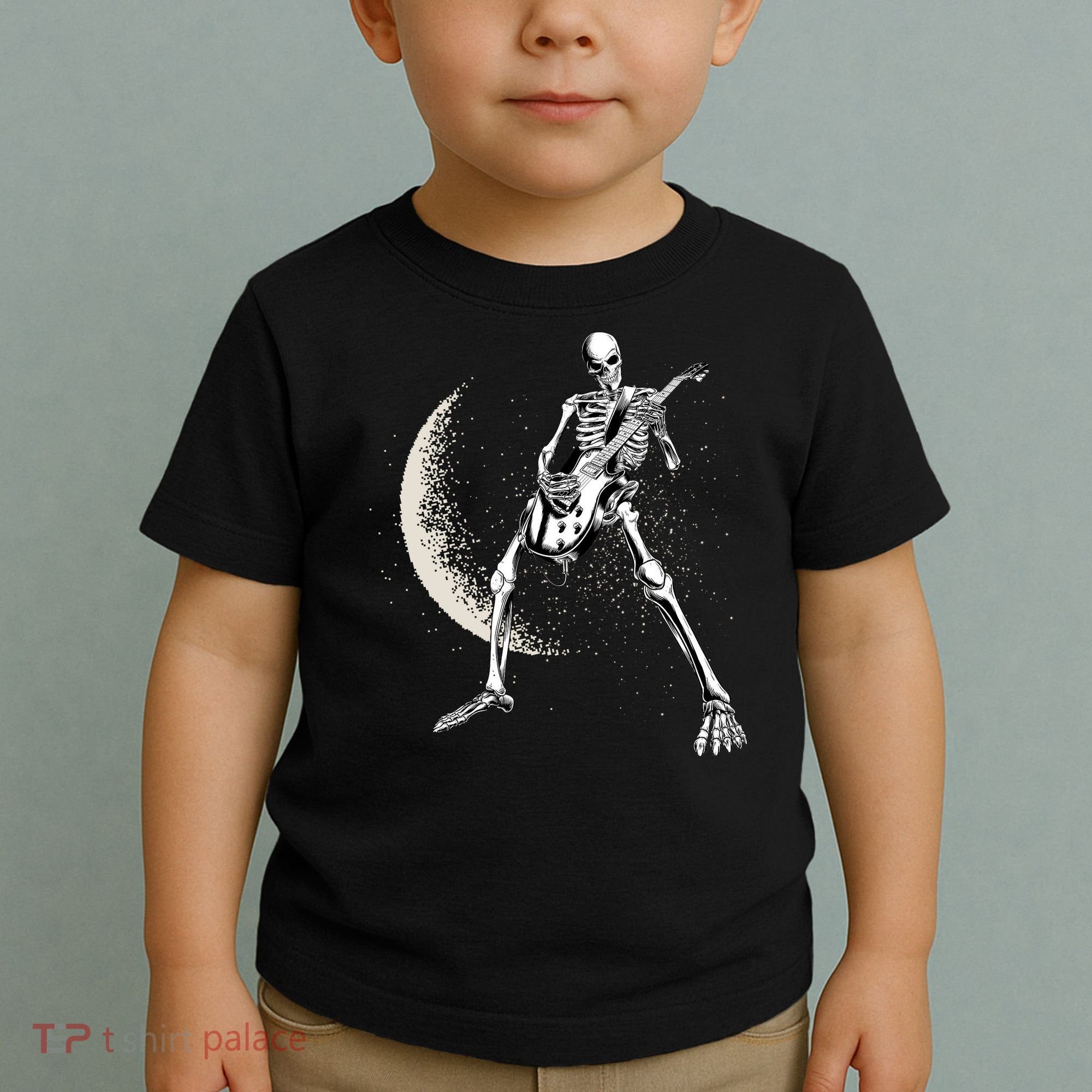 Rock And Roll Skeleton Moon Guitar Toddler T-Shirt