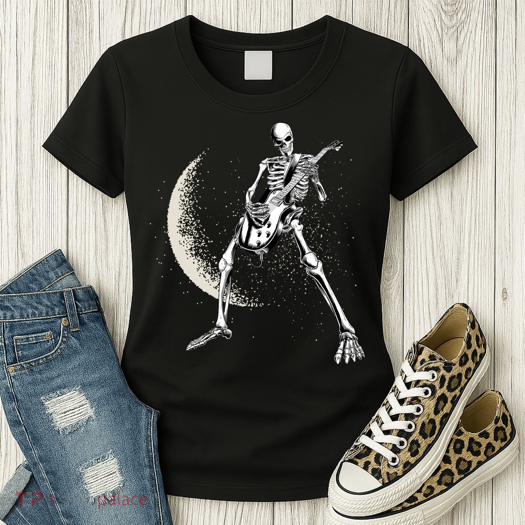 Rock And Roll Skeleton Moon Guitar Women's T-Shirt