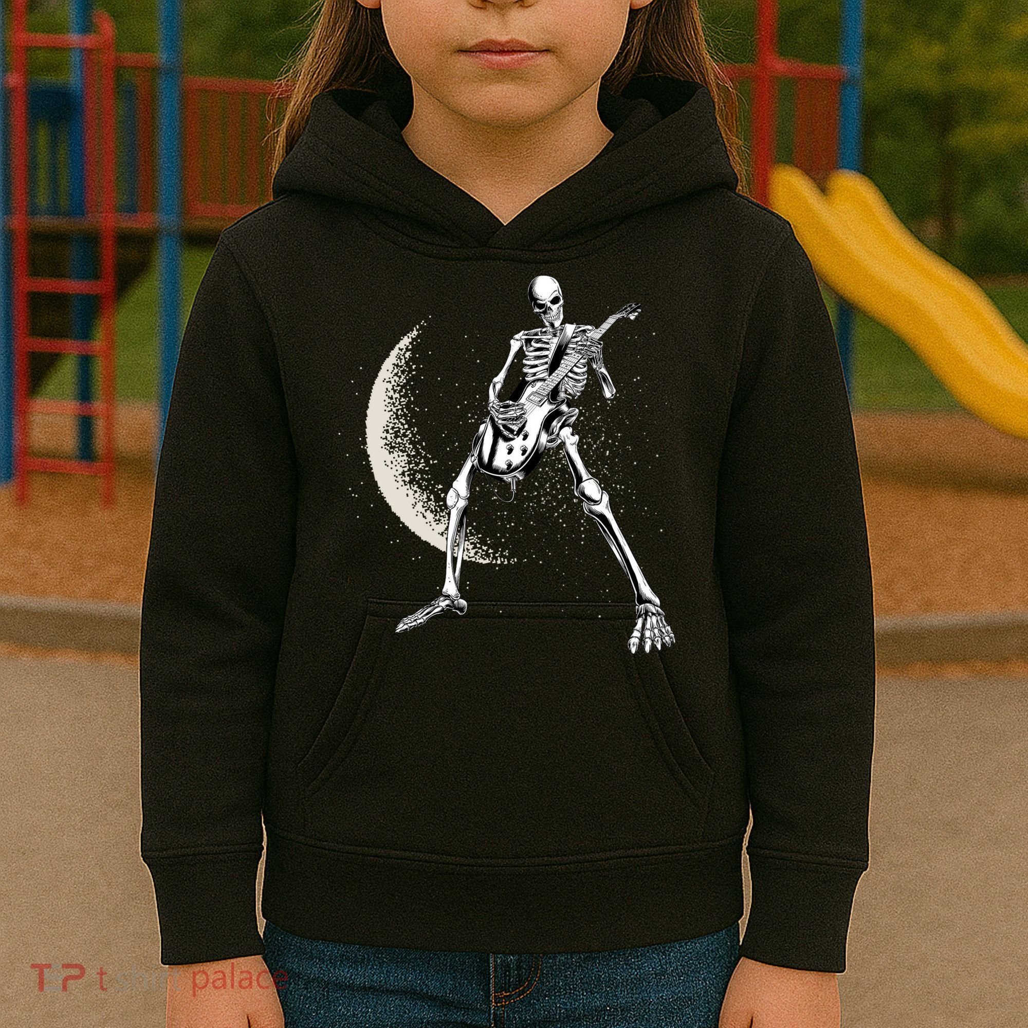 Rock And Roll Skeleton Moon Guitar Kids Hoodie