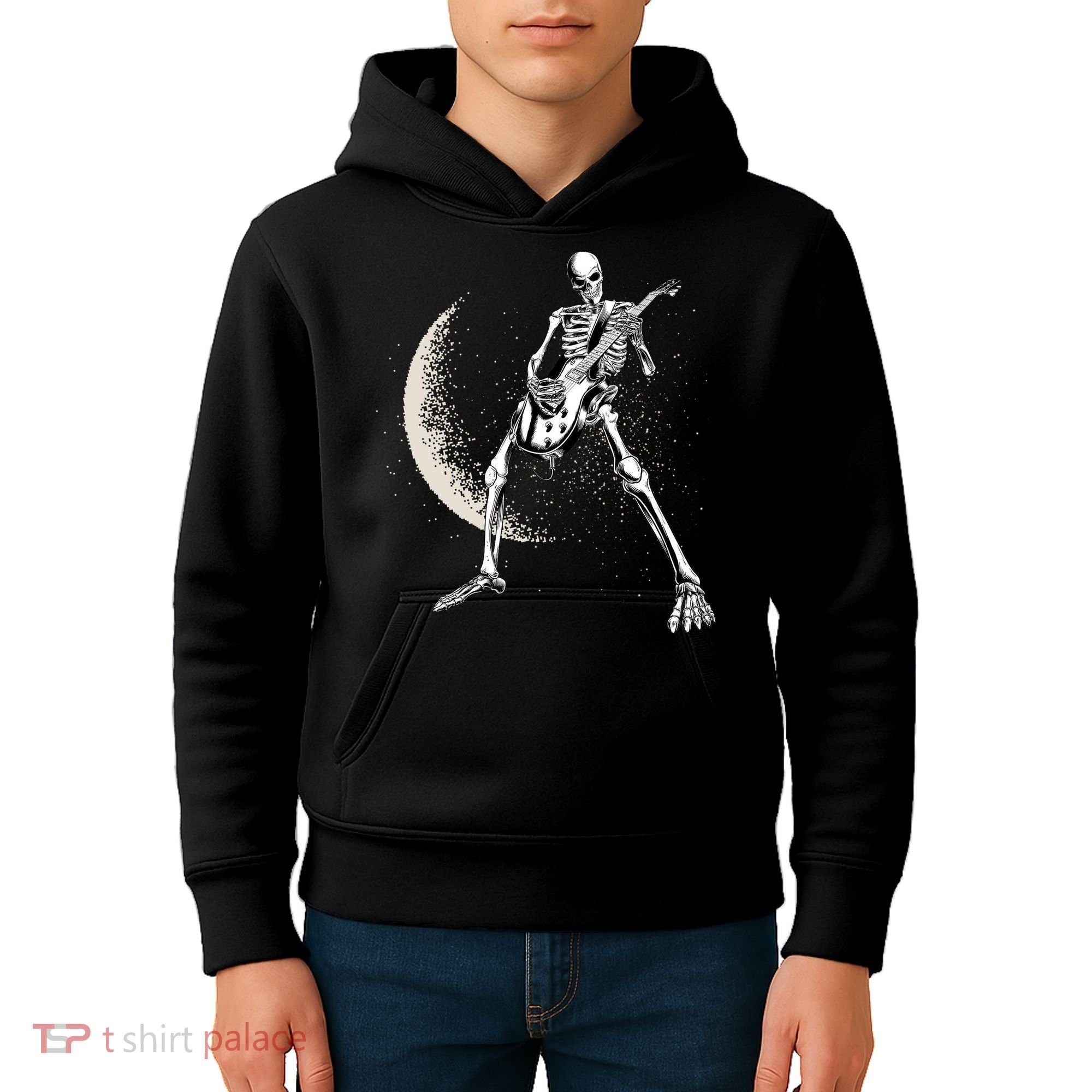 Rock And Roll Skeleton Moon Guitar Kids Hoodie