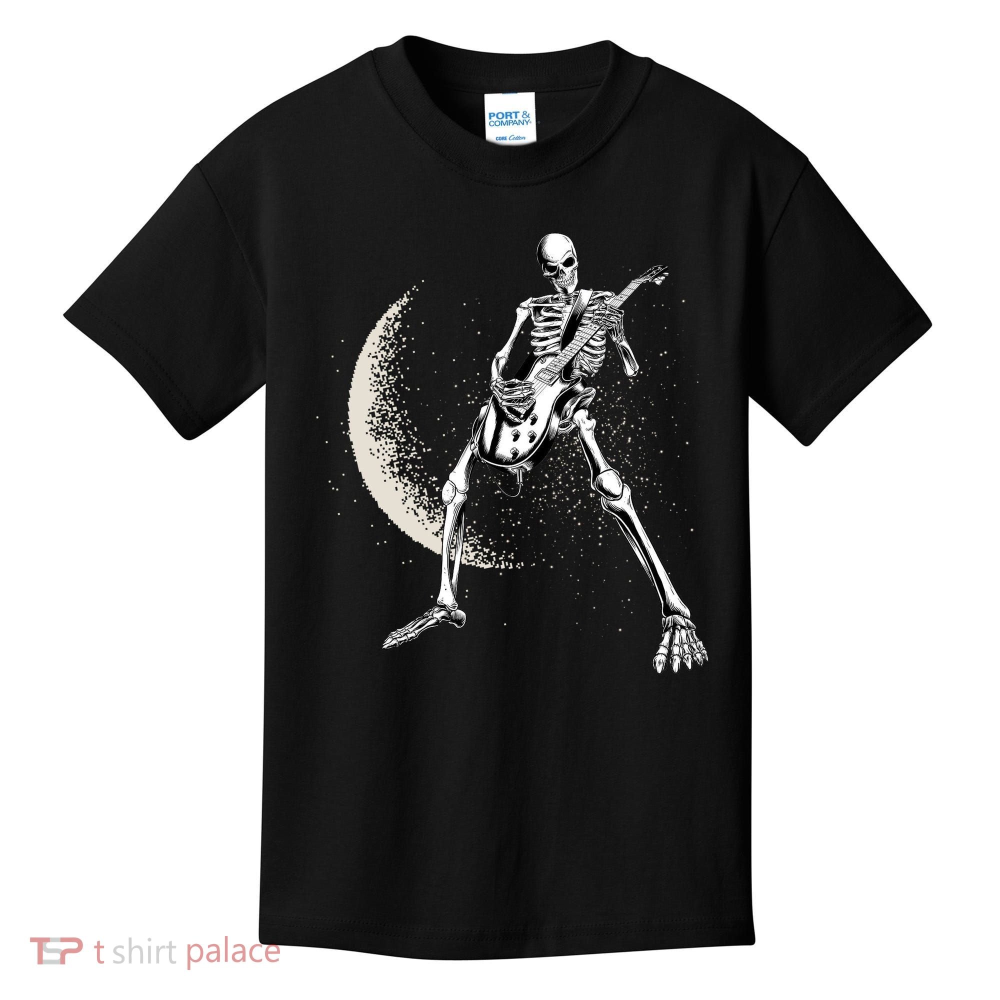 Rock And Roll Skeleton Moon Guitar Kids T-Shirt