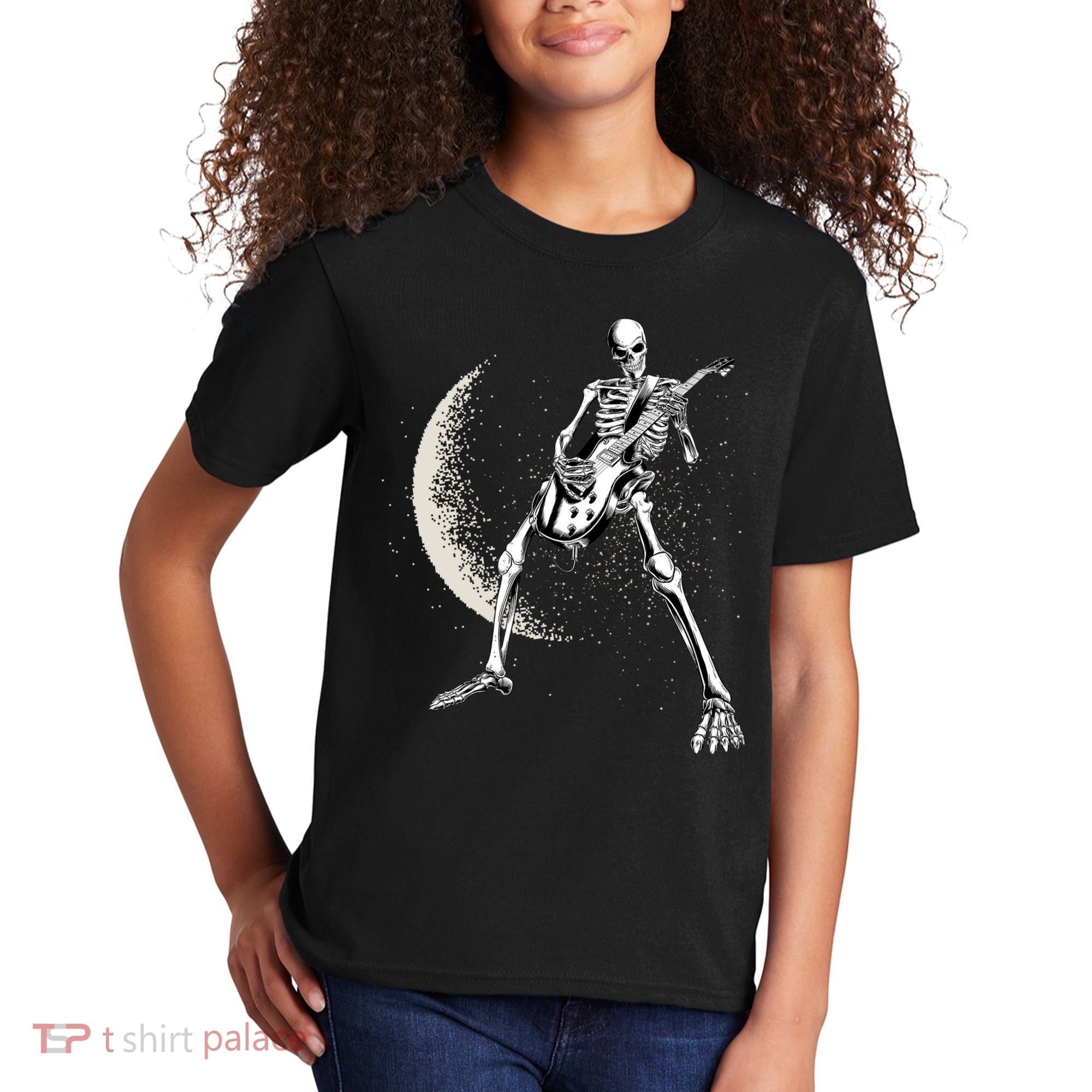 Rock And Roll Skeleton Moon Guitar Kids T-Shirt