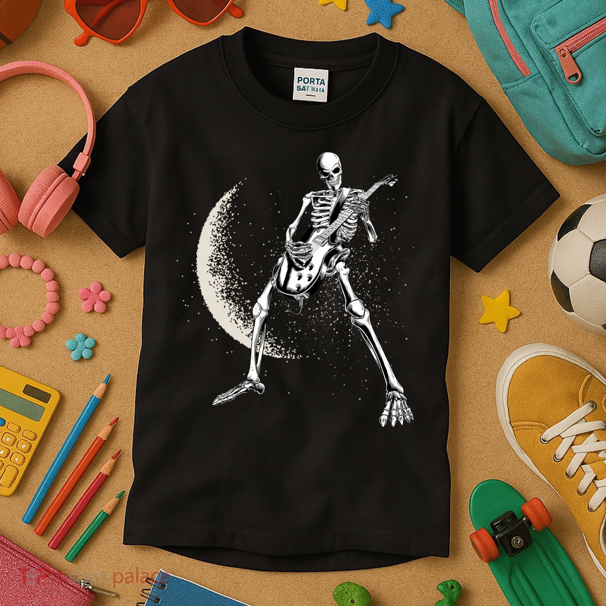 Rock And Roll Skeleton Moon Guitar Kids T-Shirt