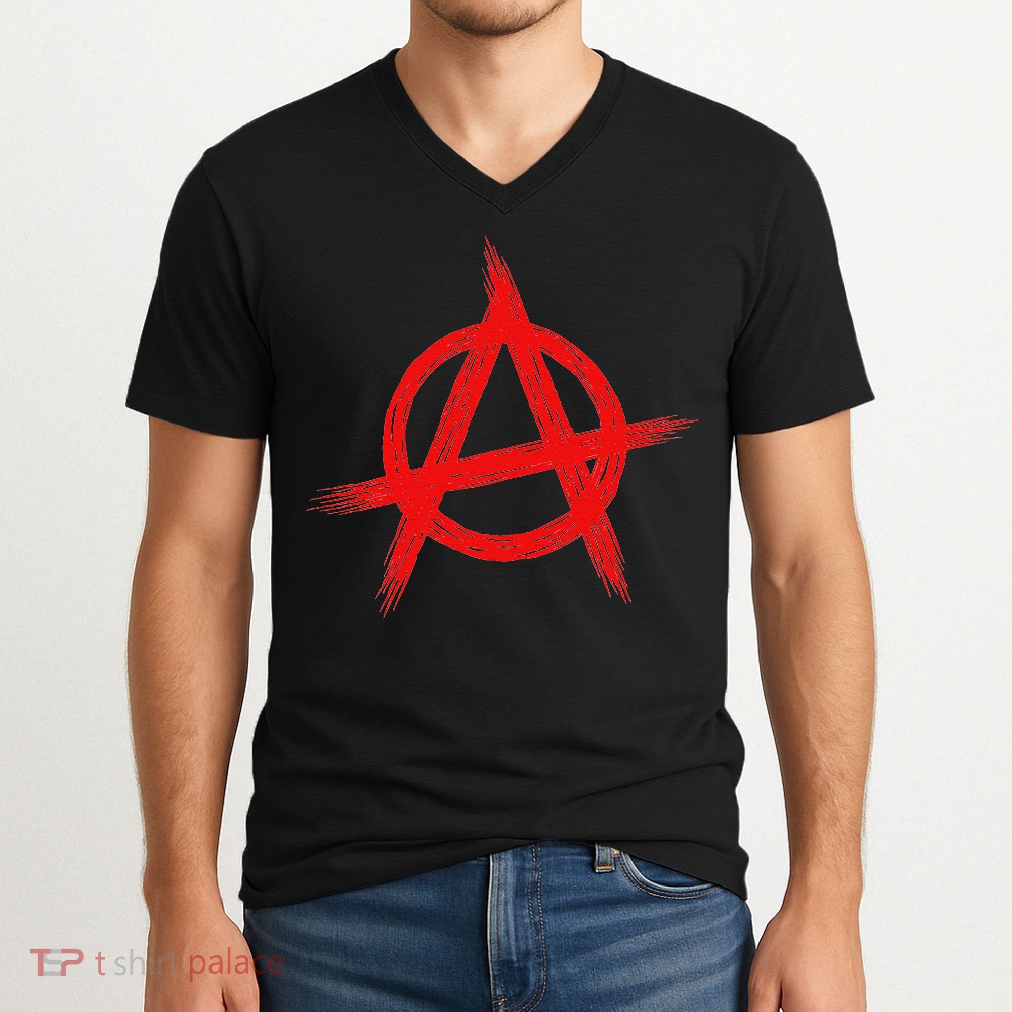 Red Anarchist Symbol Distressed Political Anarchy Rock Star V-Neck T-Shirt