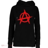 Red Anarchist Symbol Distressed Political Anarchy Rock Star Womens Funnel Neck Pullover Hood thumb 0