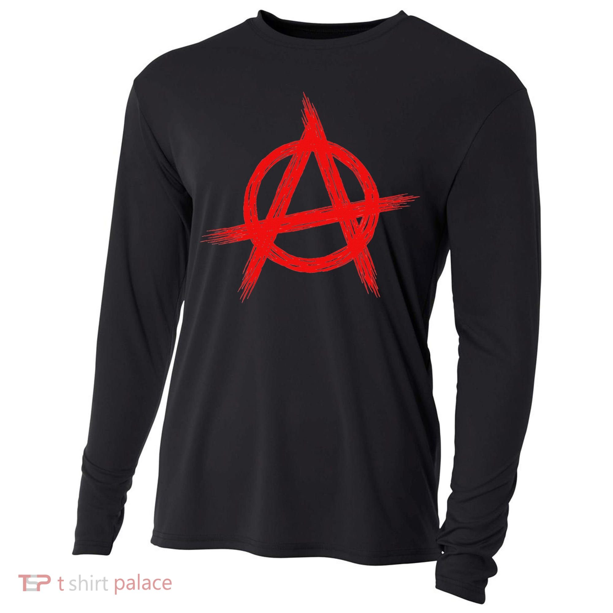 Red Anarchist Symbol Distressed Political Anarchy Rock Star Cooling Performance Long Sleeve Crew