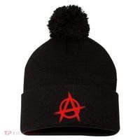 Red Anarchist Symbol Distressed Political Anarchy Rock Star Pom Pom 12in Knit Beanie thumb 0
