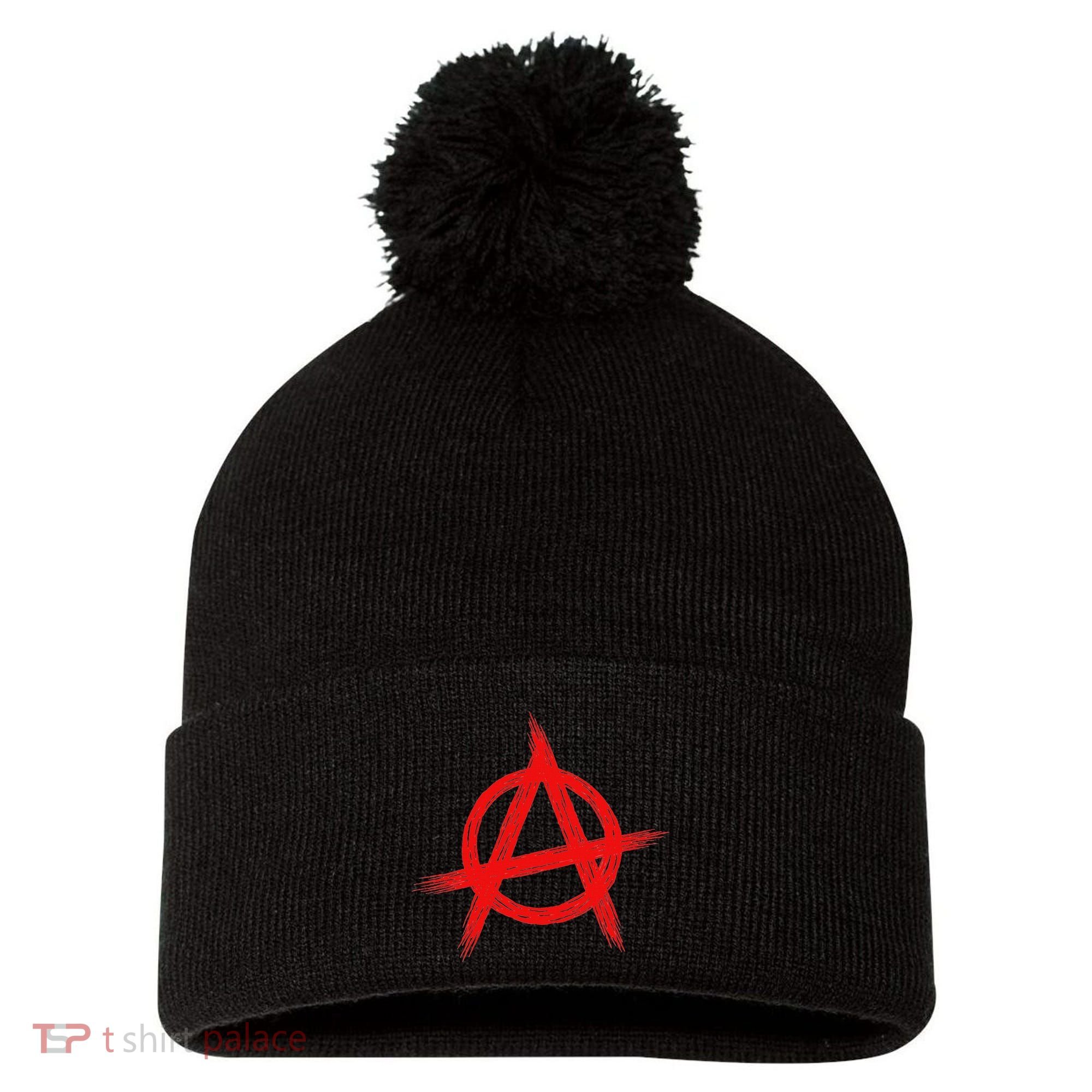 Red Anarchist Symbol Distressed Political Anarchy Rock Star Pom Pom 12in Knit Beanie
