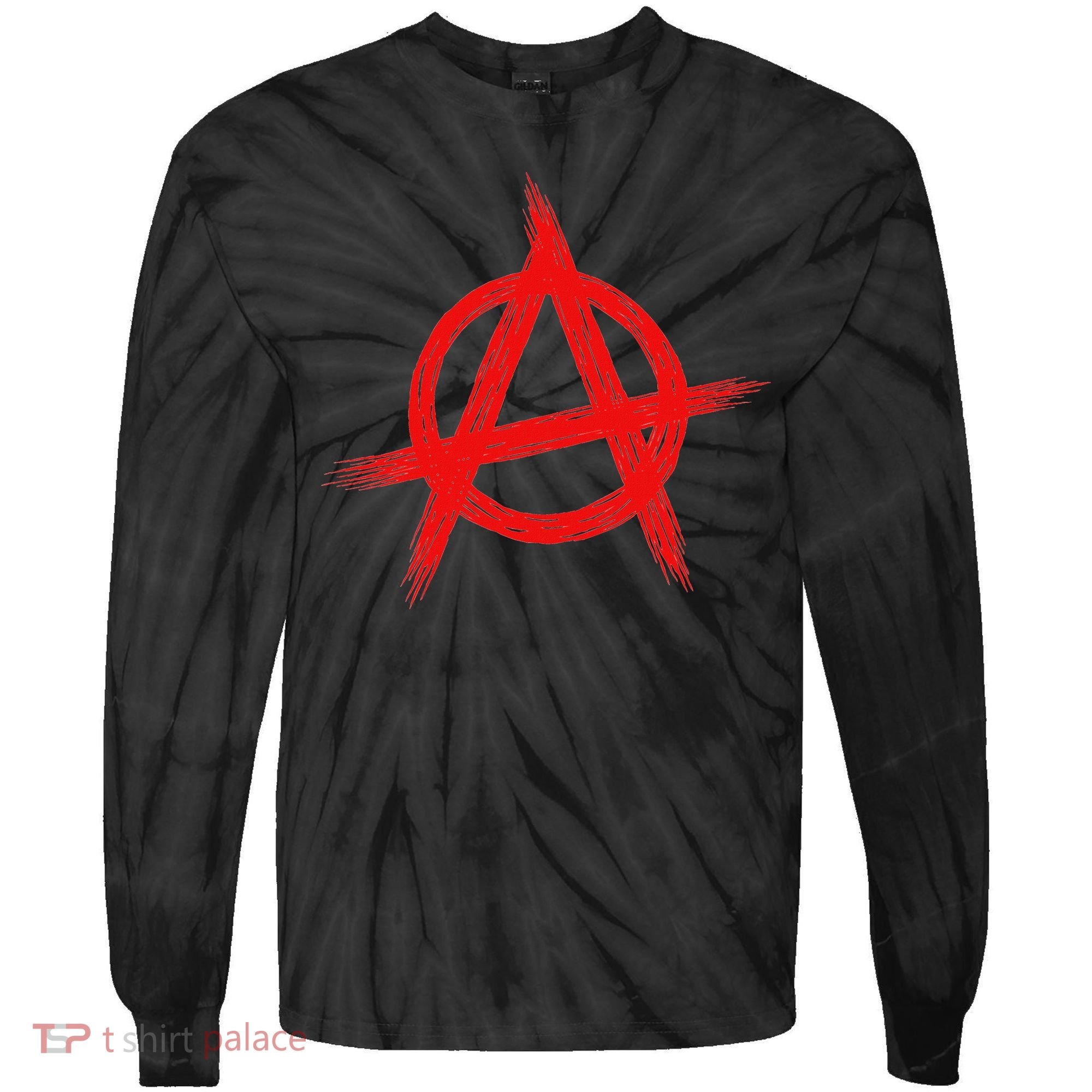 Red Anarchist Symbol Distressed Political Anarchy Rock Star Tie-Dye Long Sleeve Shirt