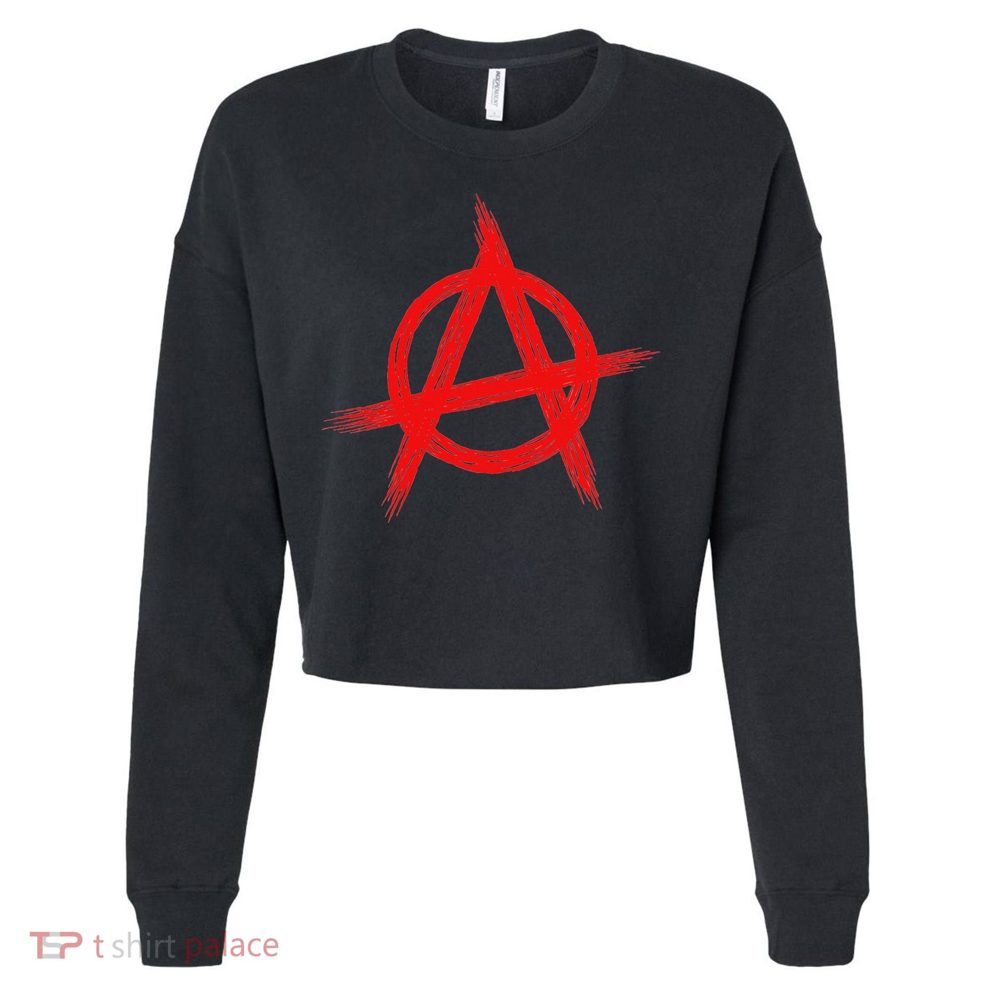 Red Anarchist Symbol Distressed Political Anarchy Rock Star Cropped Pullover Crew