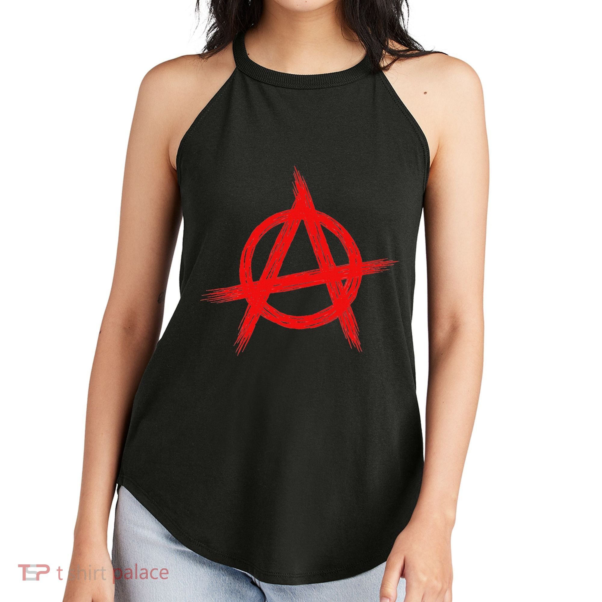 Red Anarchist Symbol Distressed Political Anarchy Rock Star Women's Perfect Tri Rocker Tank