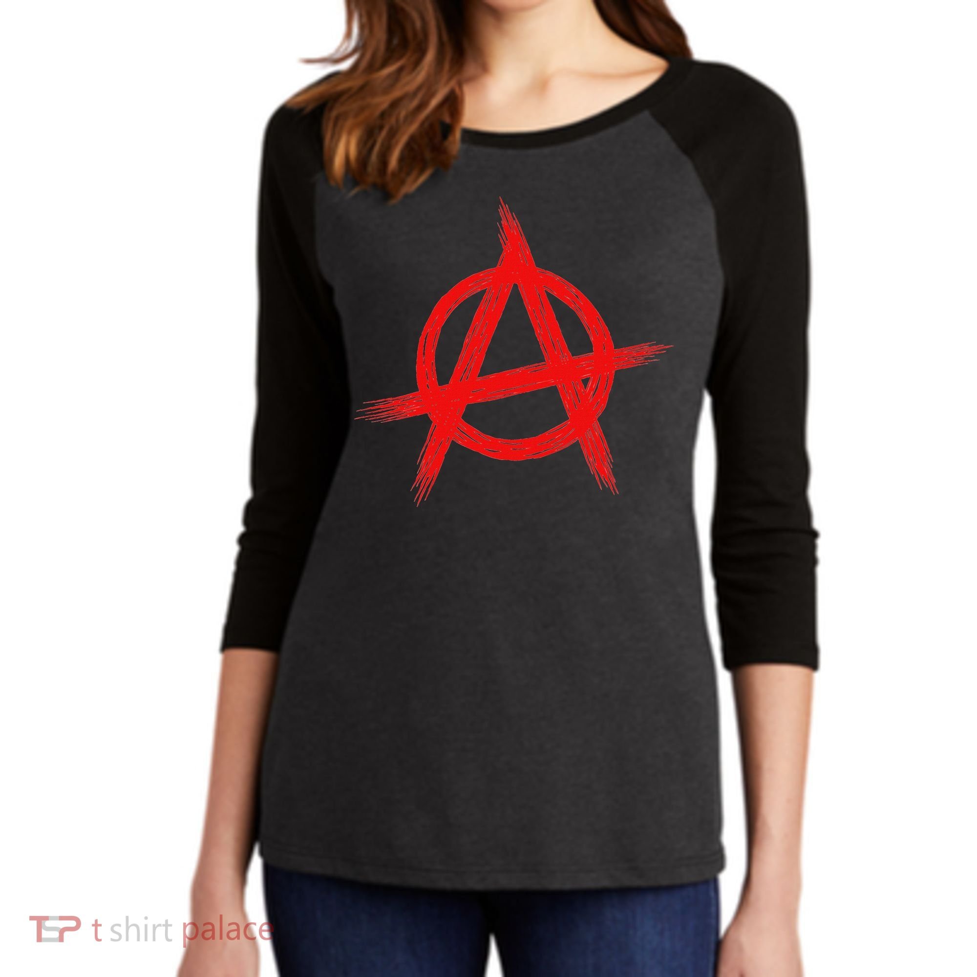 Red Anarchist Symbol Distressed Political Anarchy Rock Star Women's Tri-Blend 3/4-Sleeve Raglan Shirt