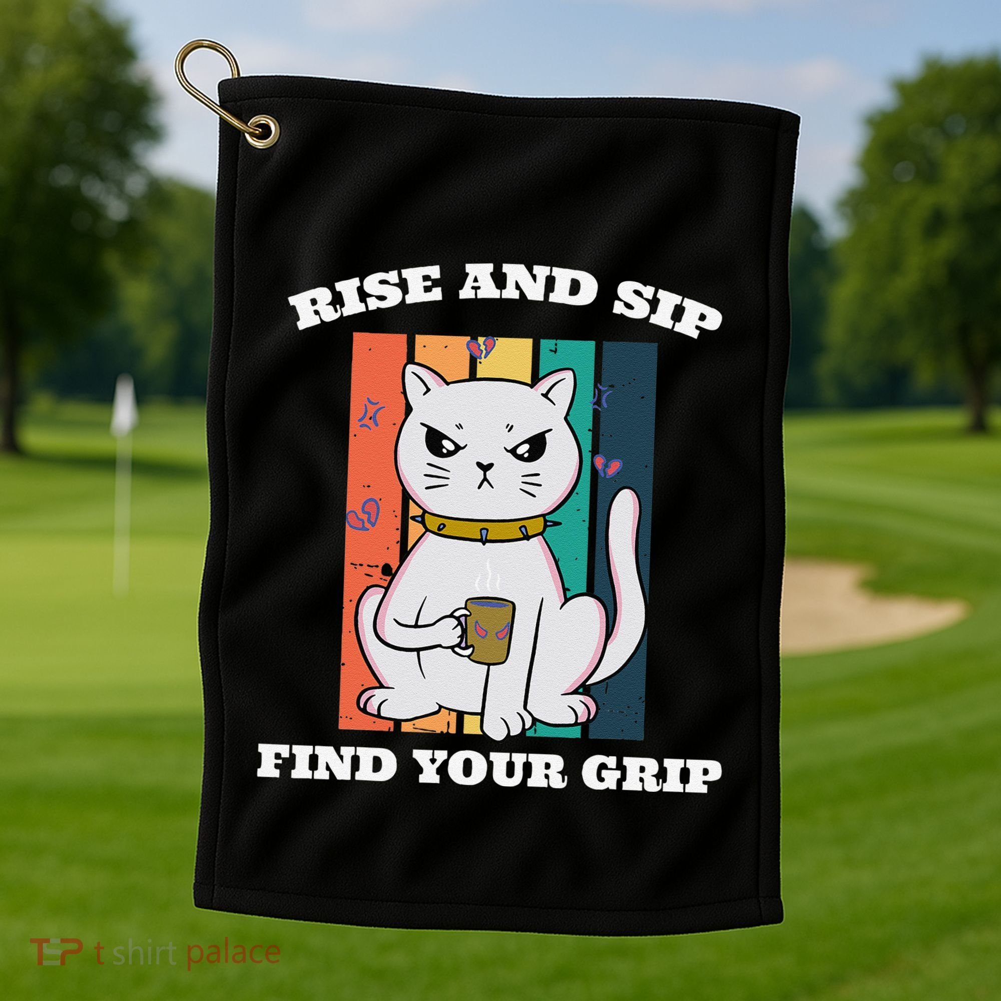 Rise And Sip Find Your Grip Funny Caffeine Coffee Golf Towel