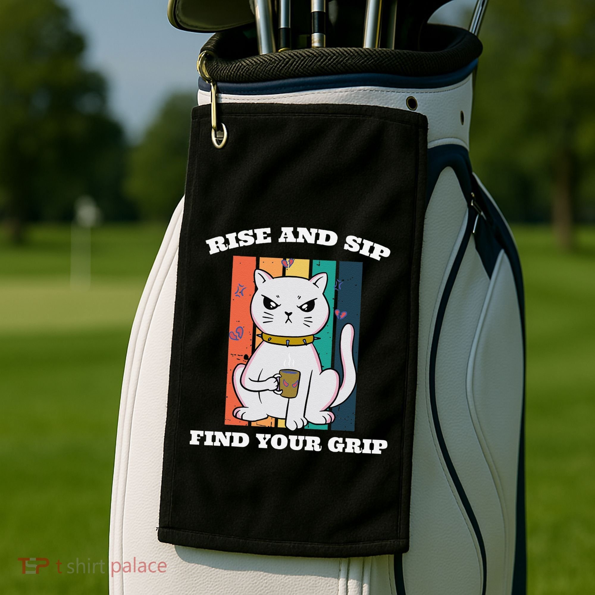 Rise And Sip Find Your Grip Funny Caffeine Coffee Golf Towel