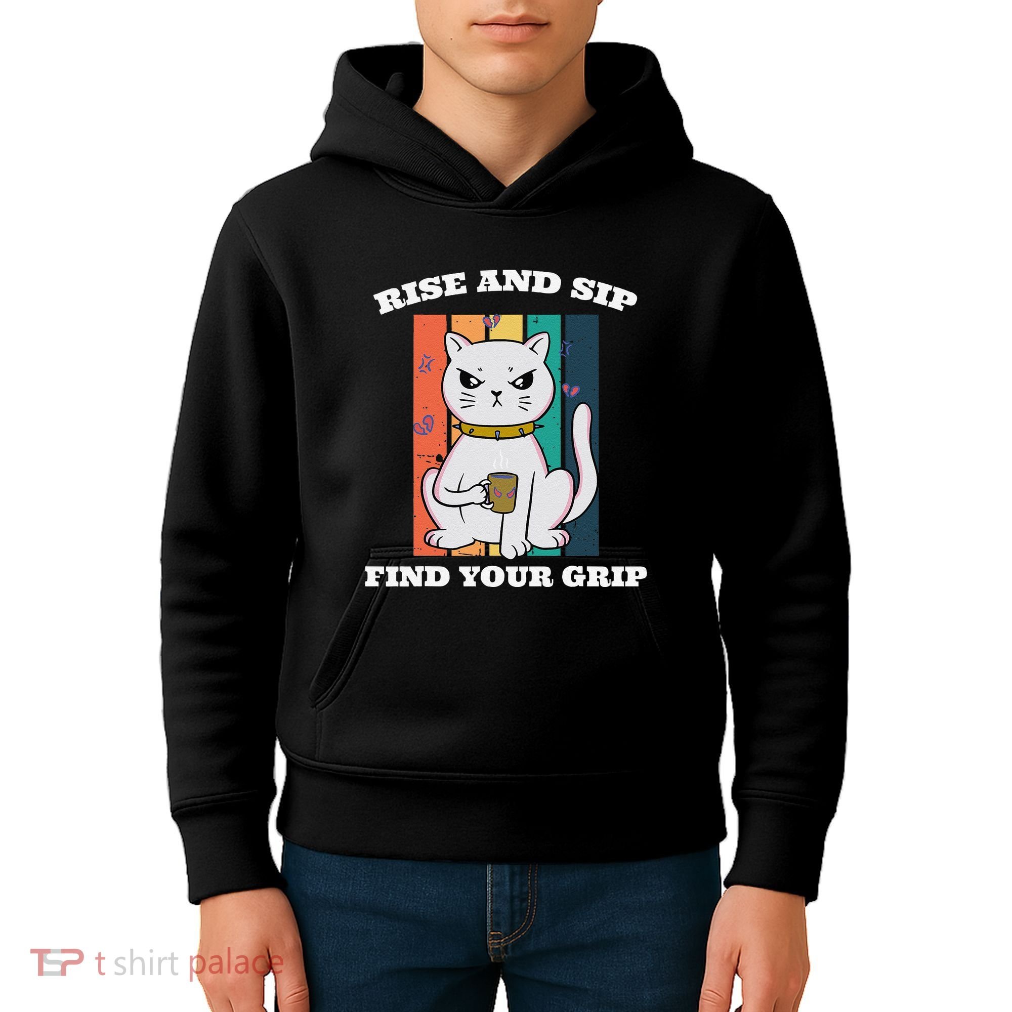 Rise And Sip Find Your Grip Funny Caffeine Coffee Kids Hoodie