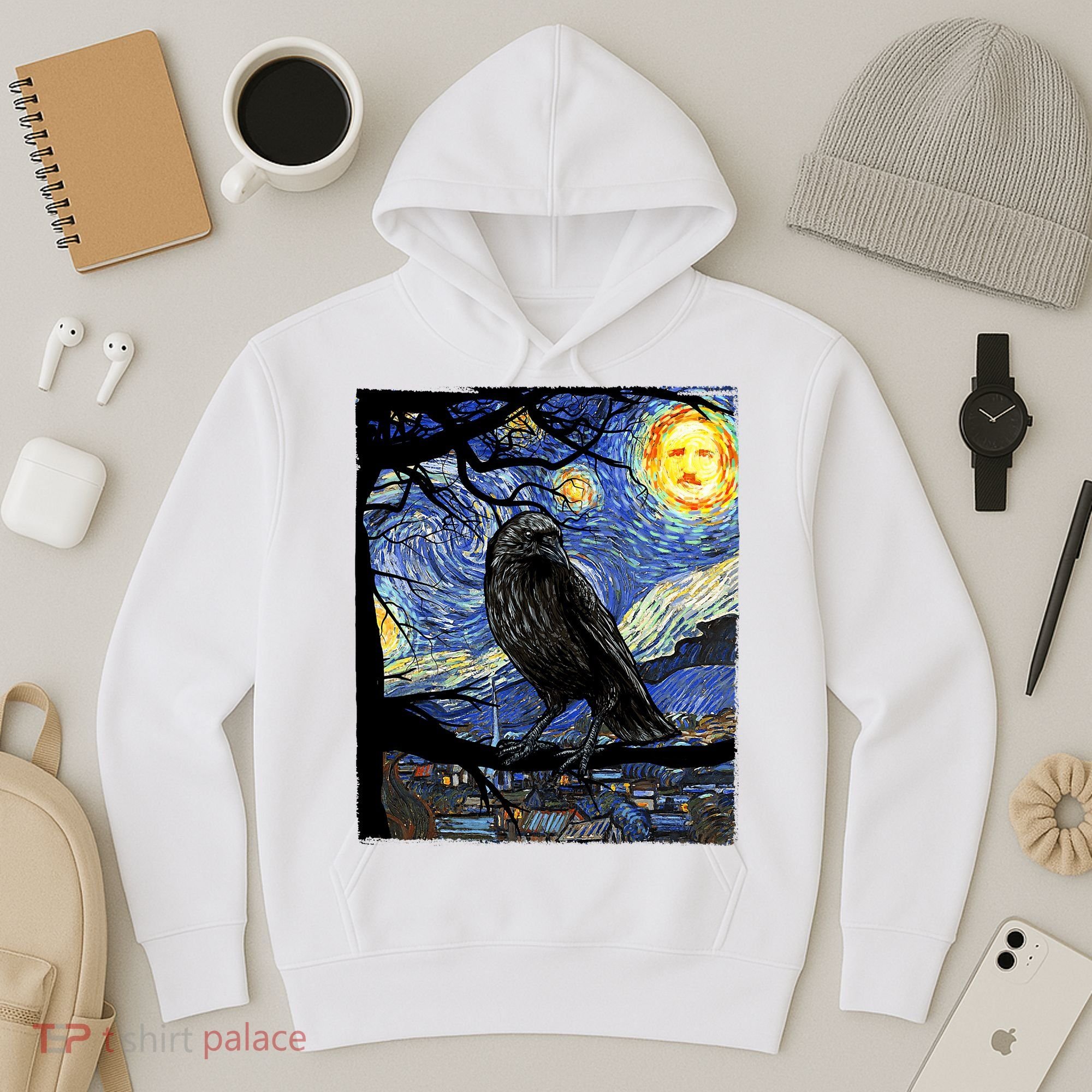 Raven Art Starry Night Edgar Allan Poe Raven Poe Hoodie