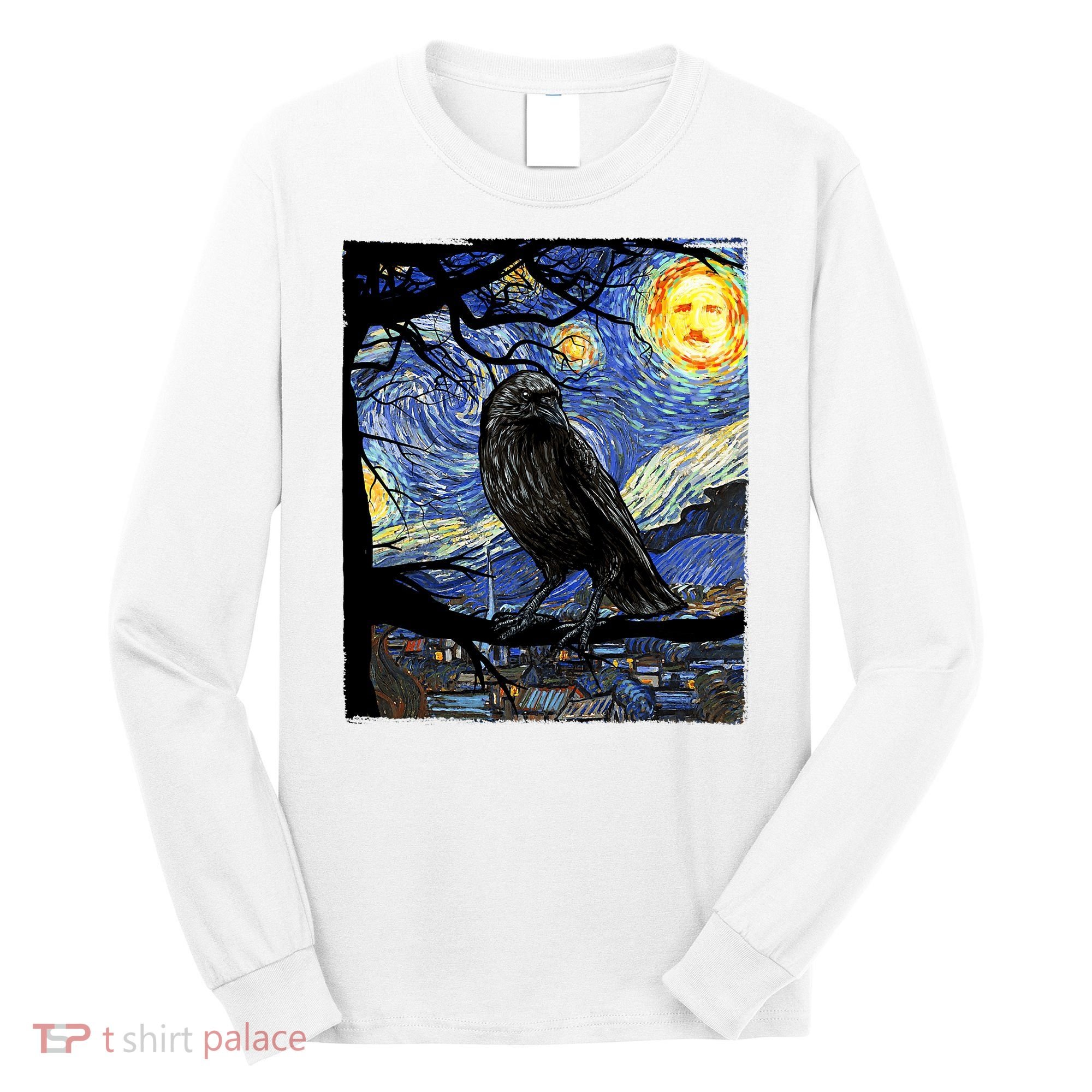 Raven Art Starry Night Edgar Allan Poe Raven Poe Long Sleeve Shirt