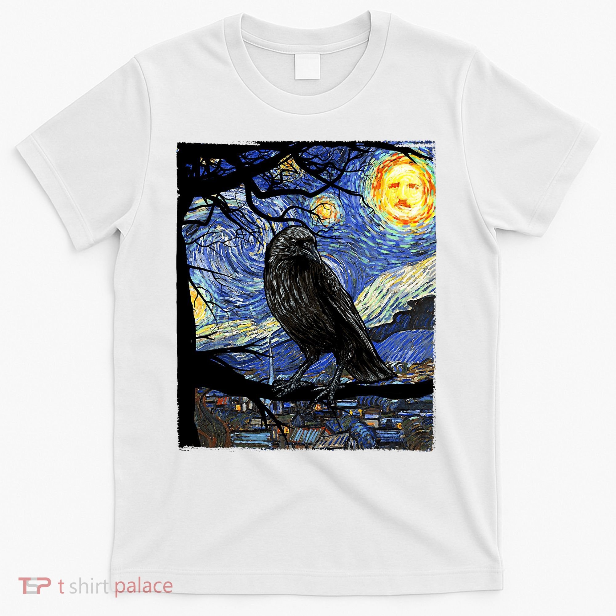 Raven Art Starry Night Edgar Allan Poe Raven Poe T-Shirt
