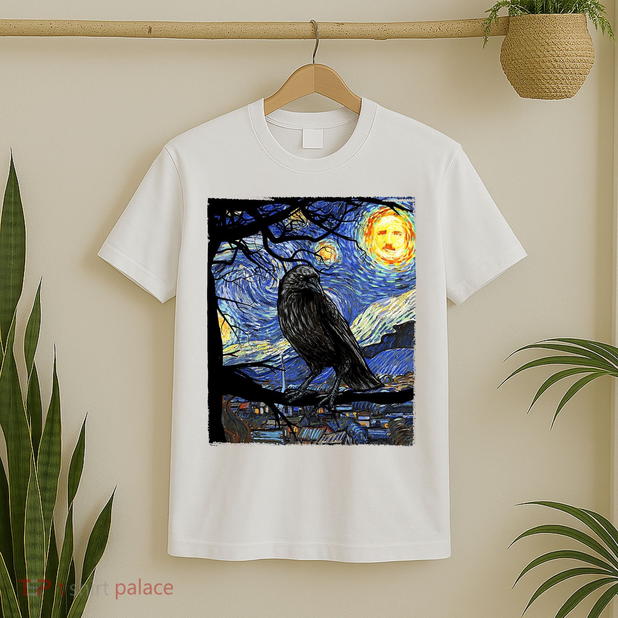 Raven Art Starry Night Edgar Allan Poe Raven Poe T-Shirt