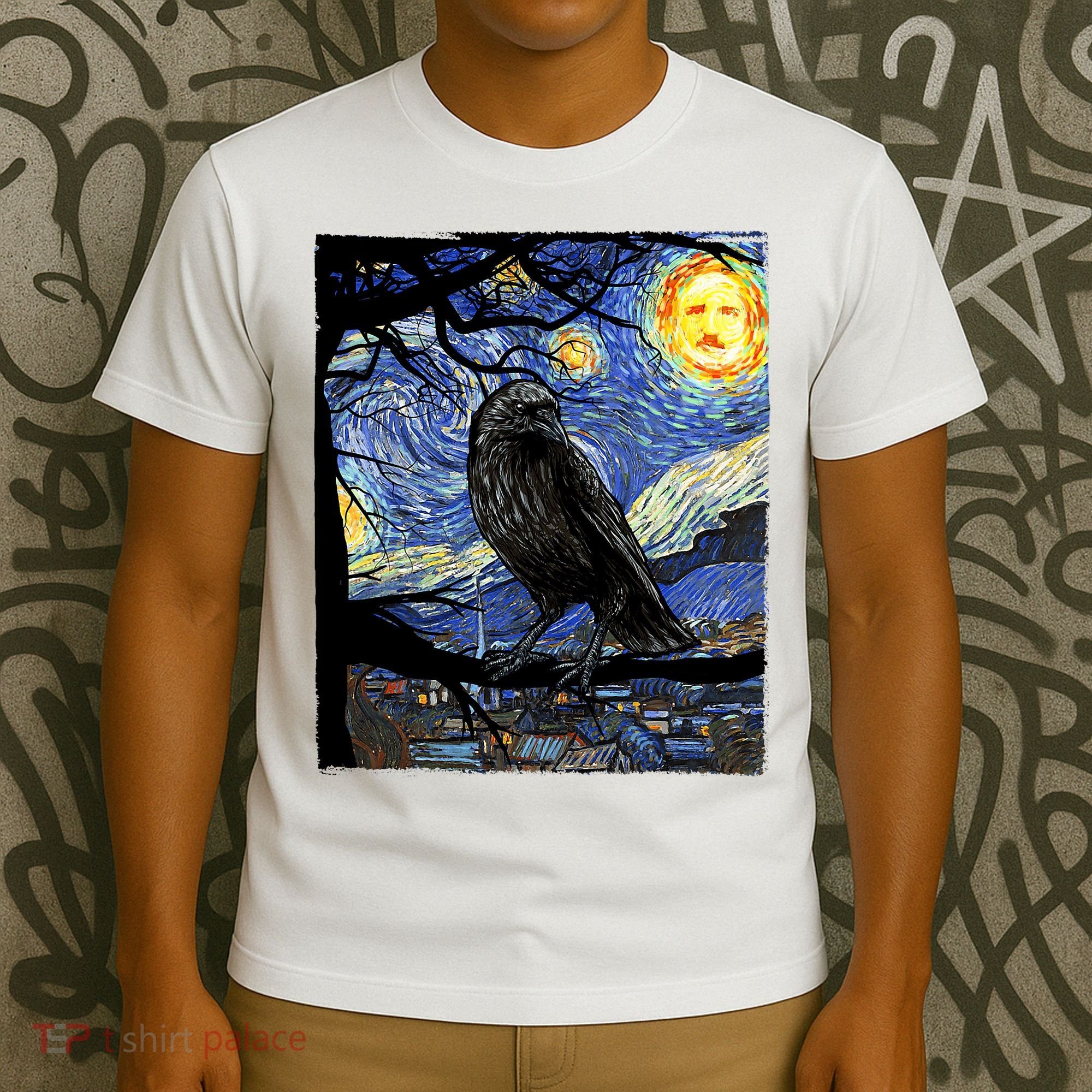 Raven Art Starry Night Edgar Allan Poe Raven Poe T-Shirt