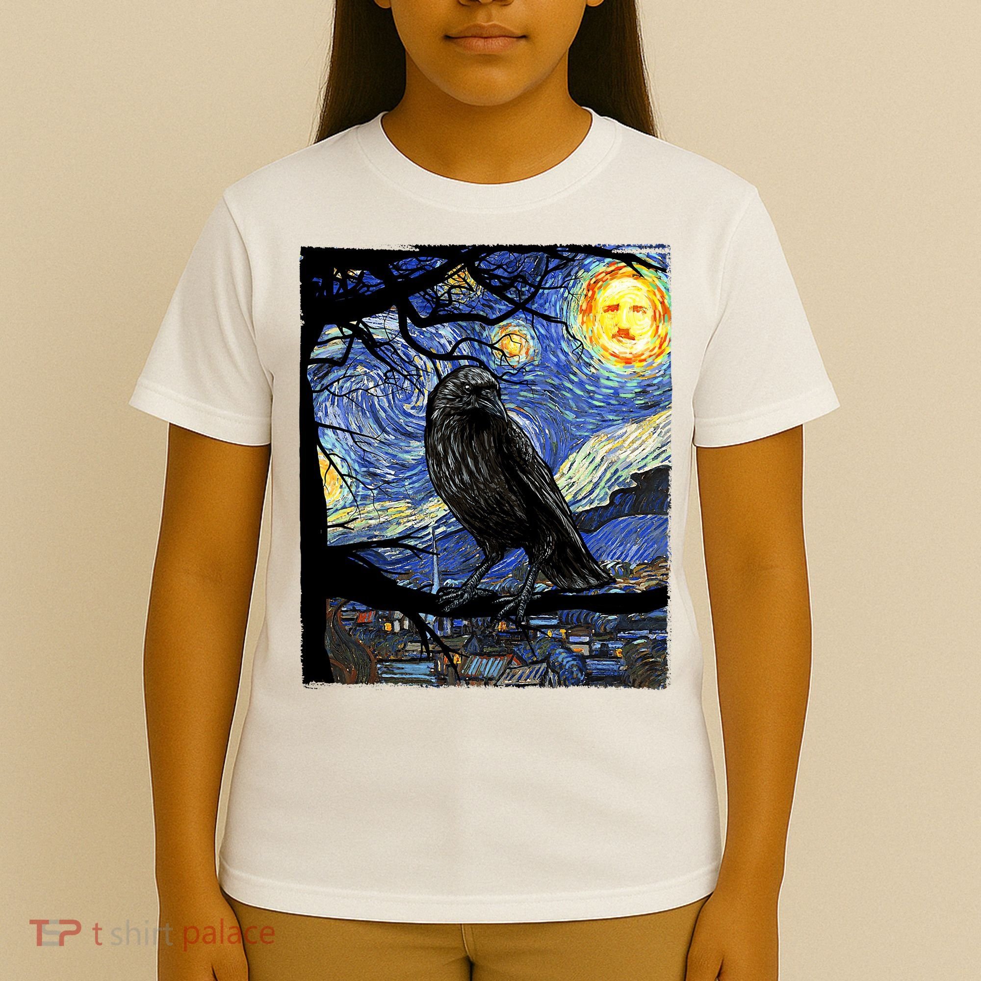 Raven Art Starry Night Edgar Allan Poe Raven Poe T-Shirt