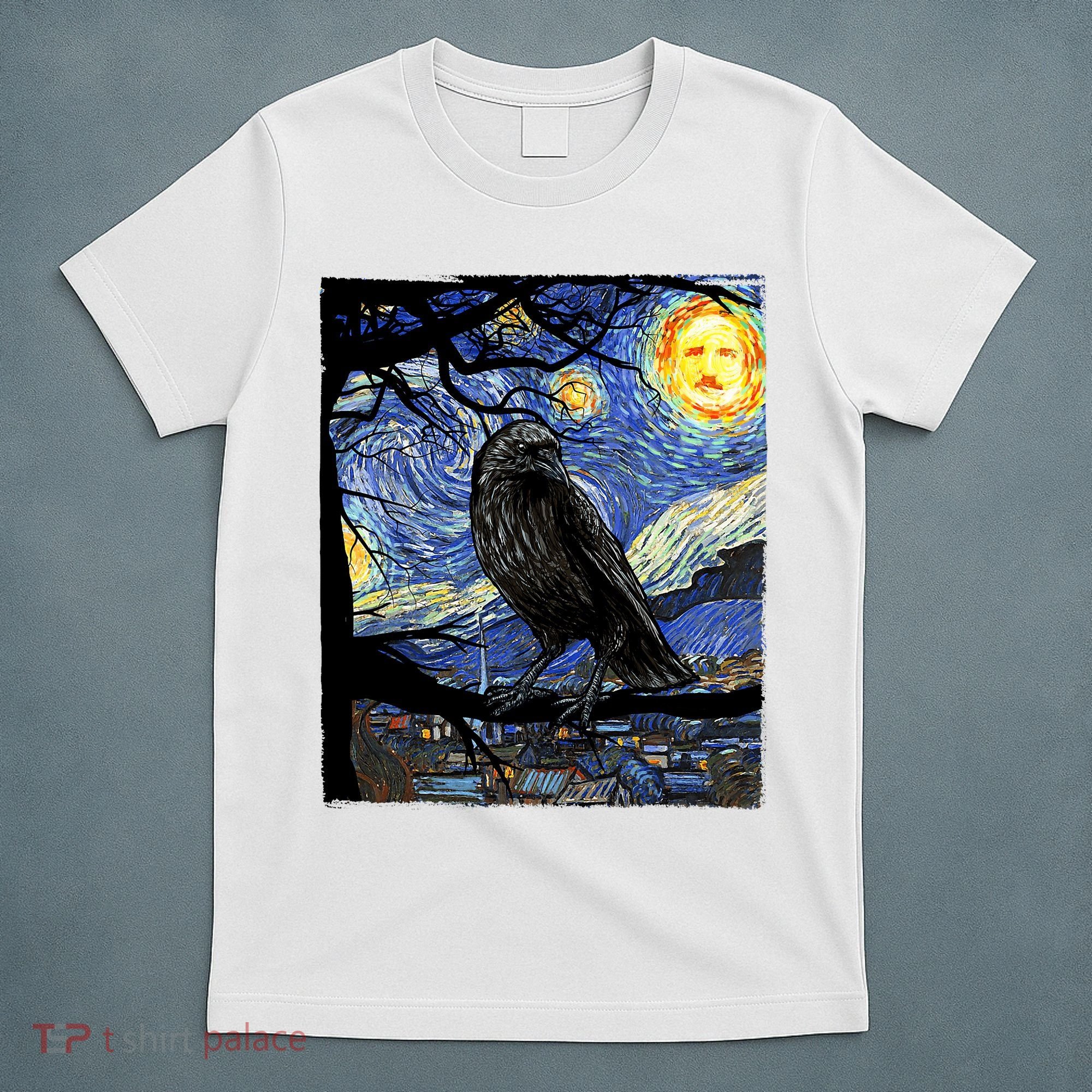 Raven Art Starry Night Edgar Allan Poe Raven Poe T-Shirt