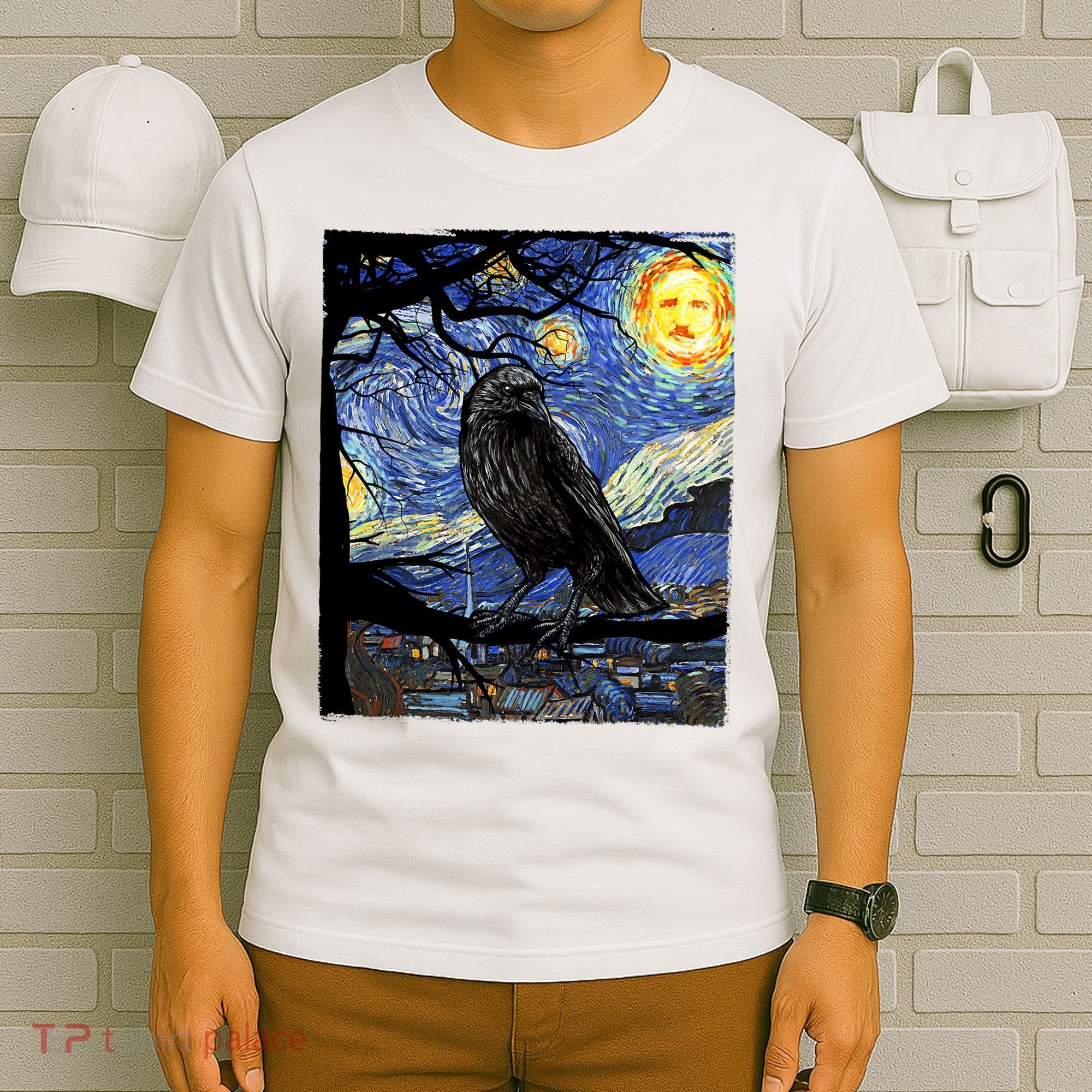 Raven Art Starry Night Edgar Allan Poe Raven Poe T-Shirt