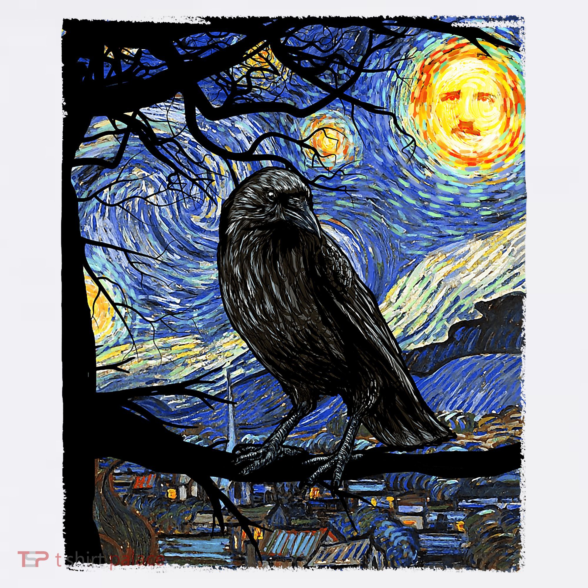 Raven Art Starry Night Edgar Allan Poe Raven Poe T-Shirt