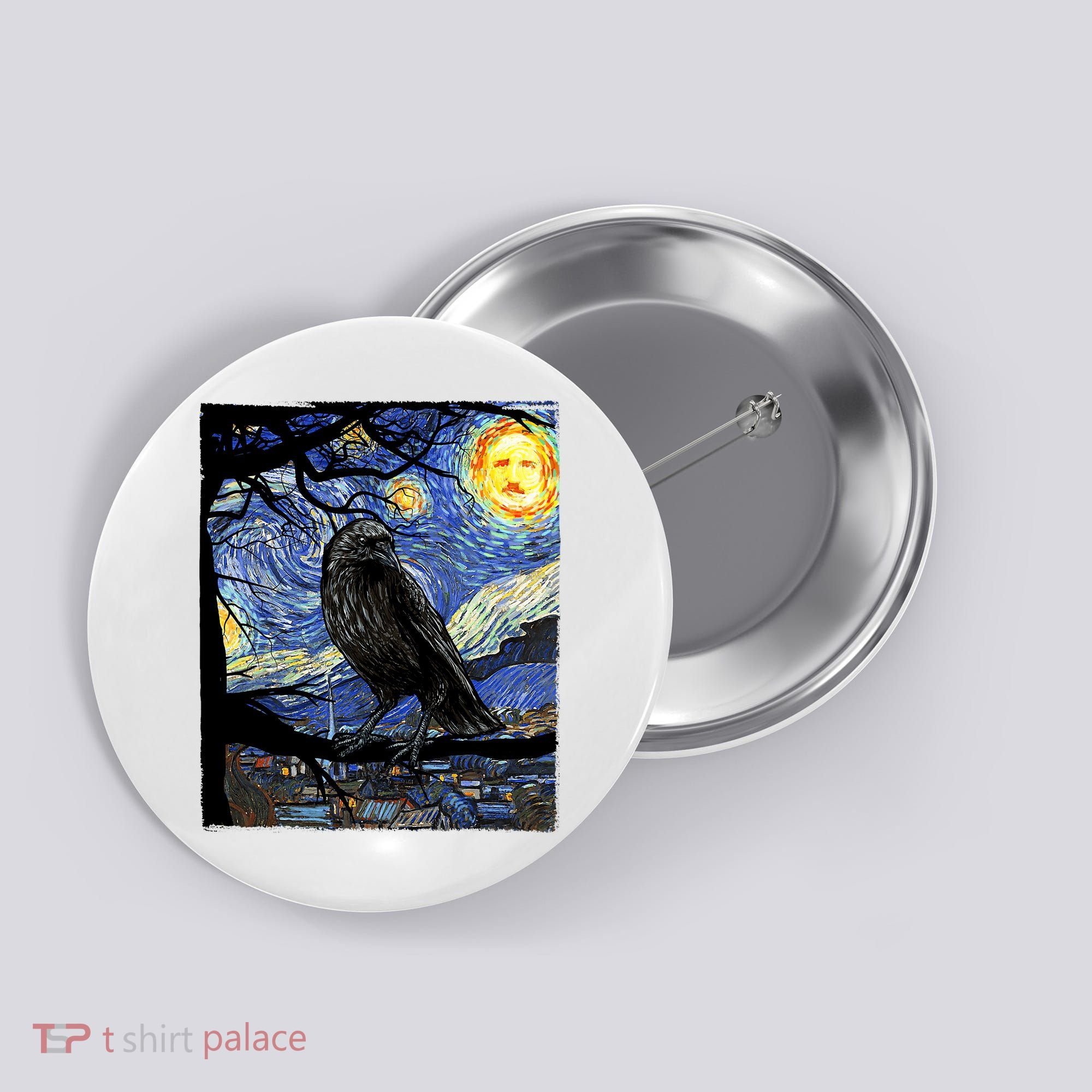 Raven Art Starry Night Edgar Allan Poe Raven Poe Button