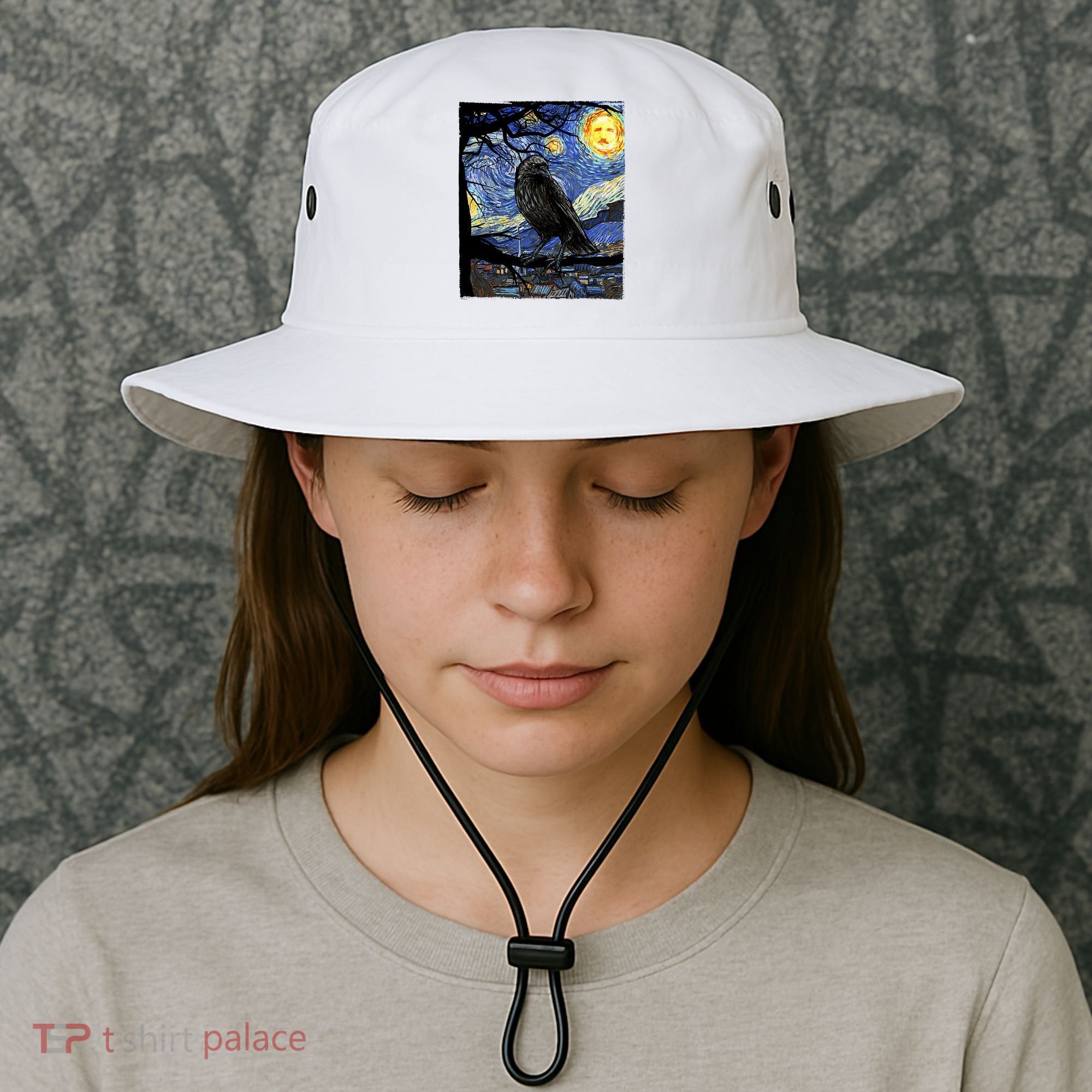Raven Art Starry Night Edgar Allan Poe Raven Poe Bucket Hat