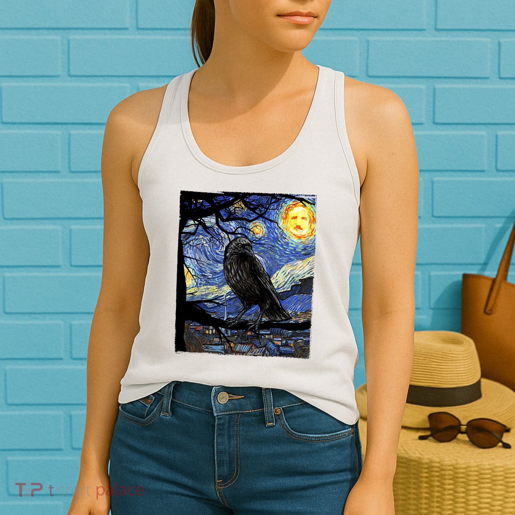 Raven Art Starry Night Edgar Allan Poe Raven Poe Women's Tank Top
