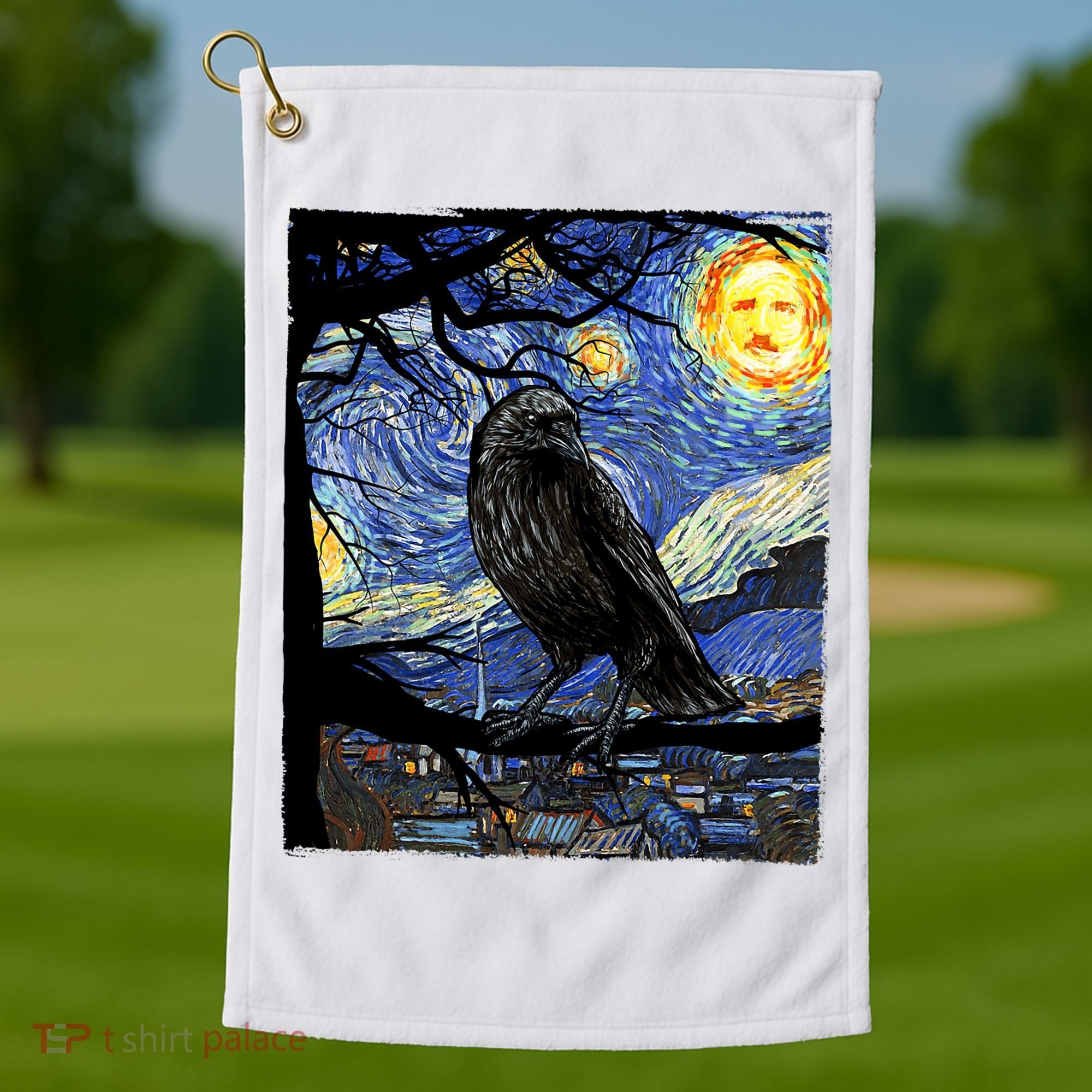 Raven Art Starry Night Edgar Allan Poe Raven Poe Golf Towel