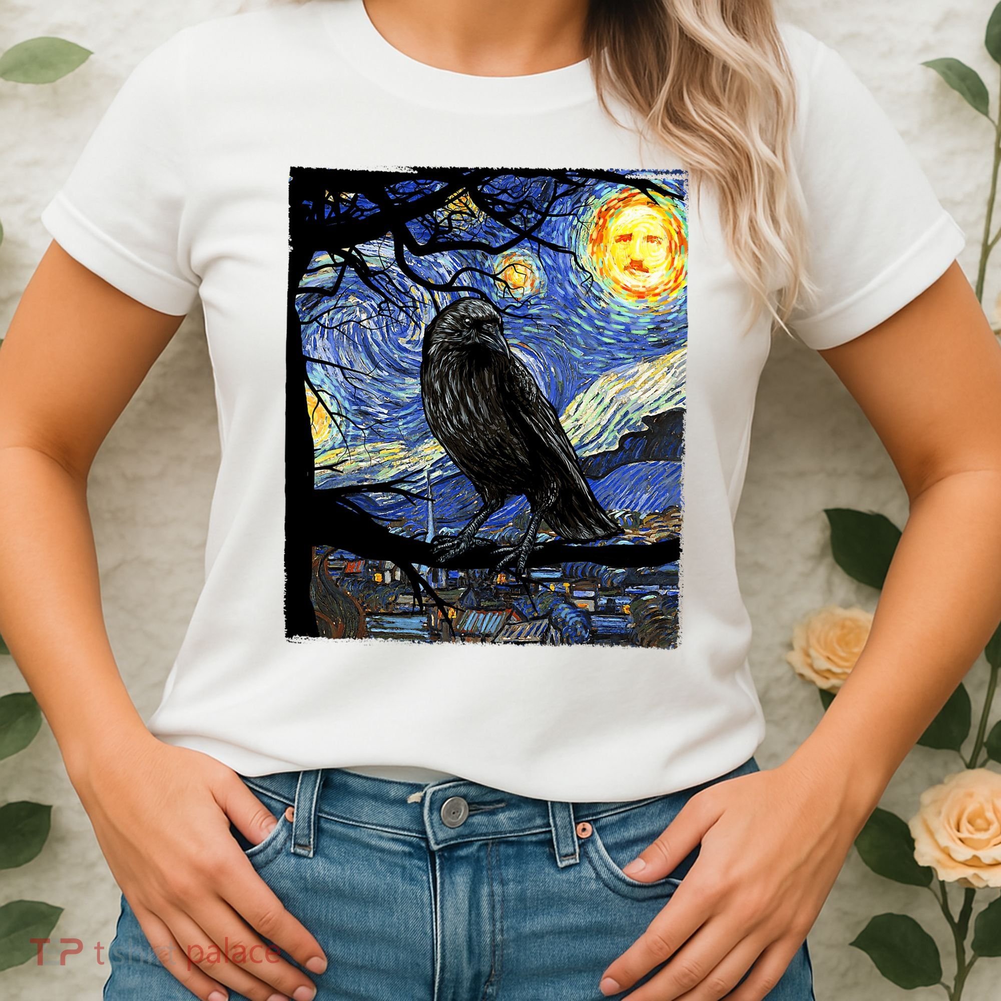 Raven Art Starry Night Edgar Allan Poe Raven Poe Women's T-Shirt