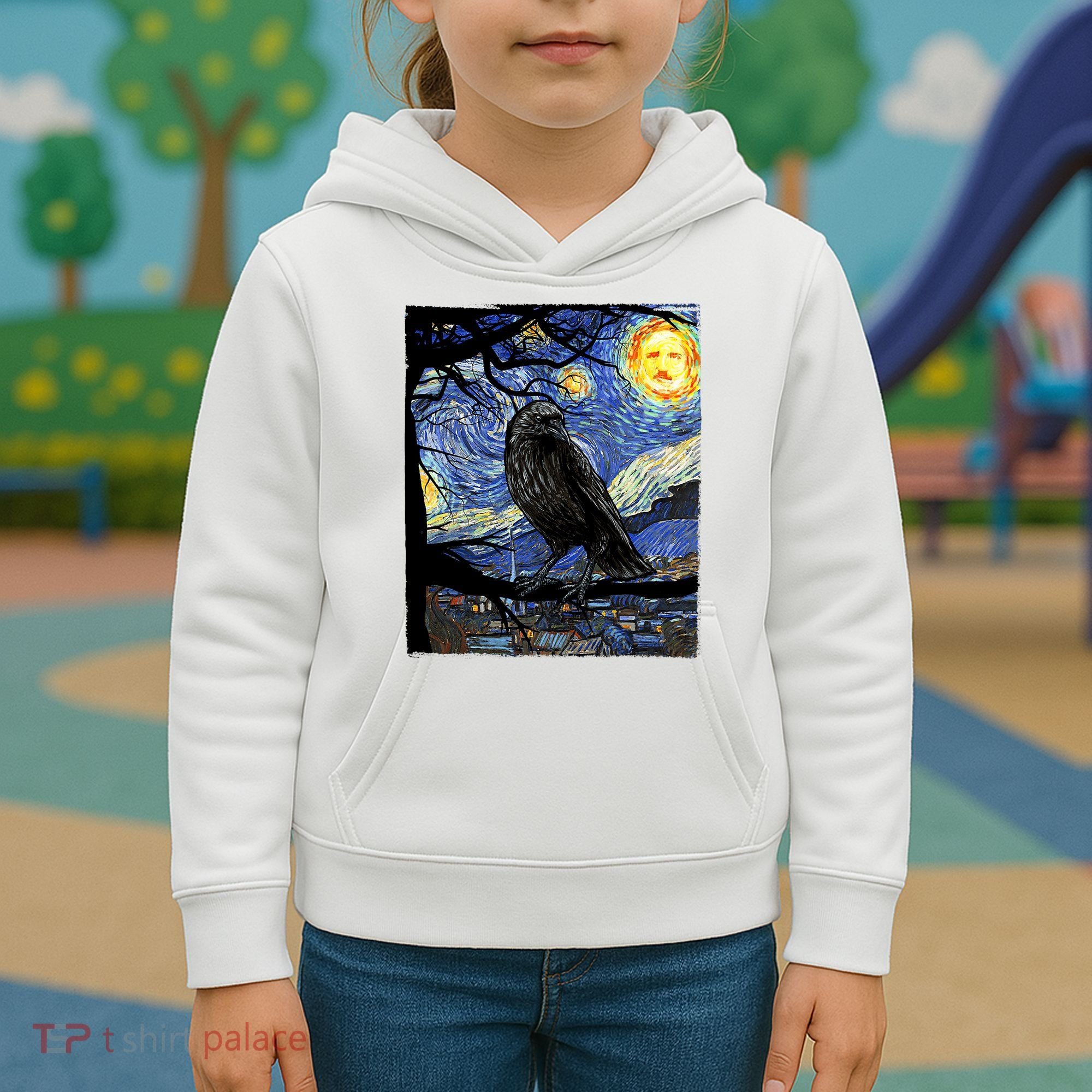 Raven Art Starry Night Edgar Allan Poe Raven Poe Kids Hoodie
