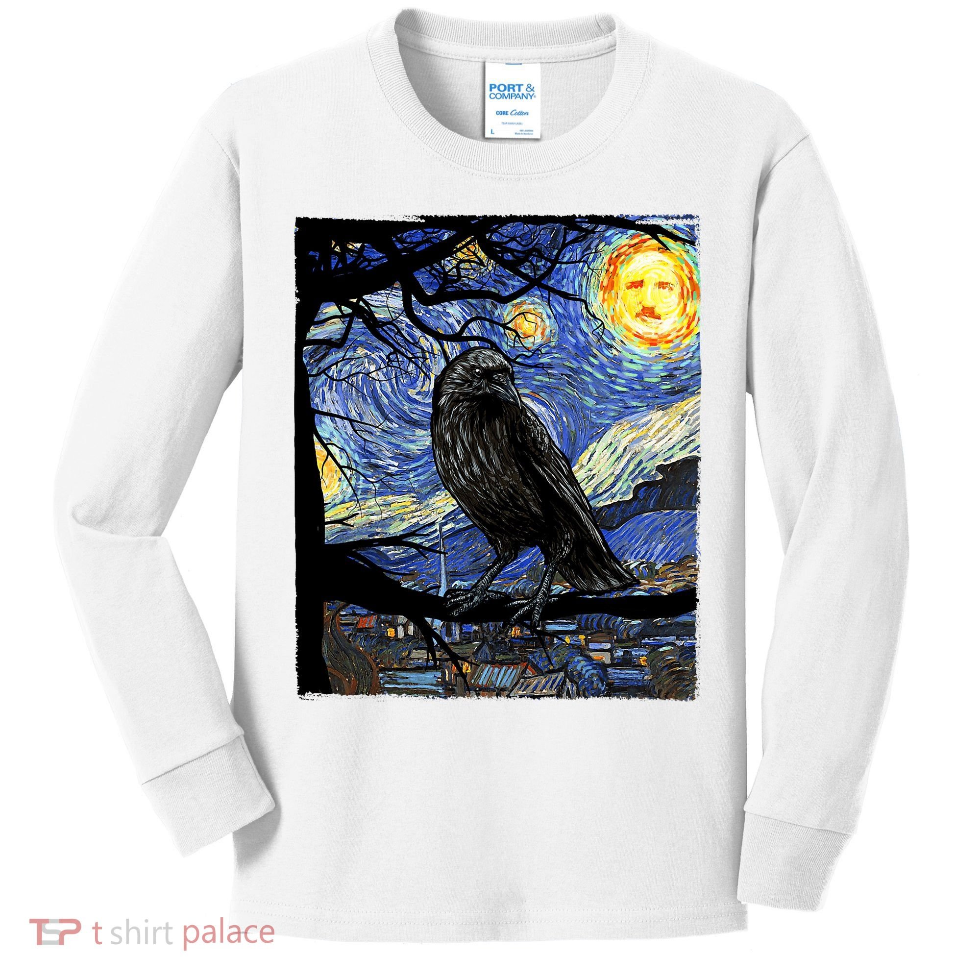 Raven Art Starry Night Edgar Allan Poe Raven Poe Kids Long Sleeve Shirt