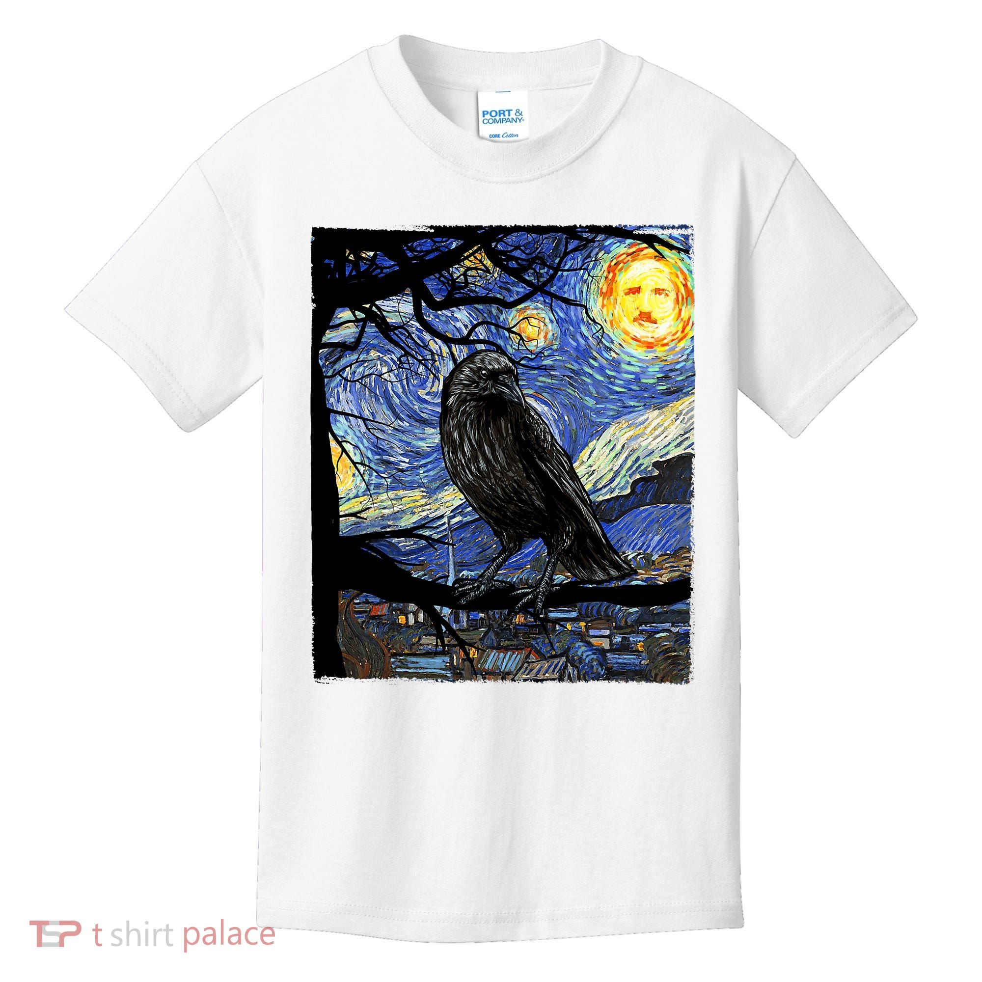 Raven Art Starry Night Edgar Allan Poe Raven Poe Kids T-Shirt
