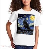 Raven Art Starry Night Edgar Allan Poe Raven Poe Kids T-Shirt thumb 2
