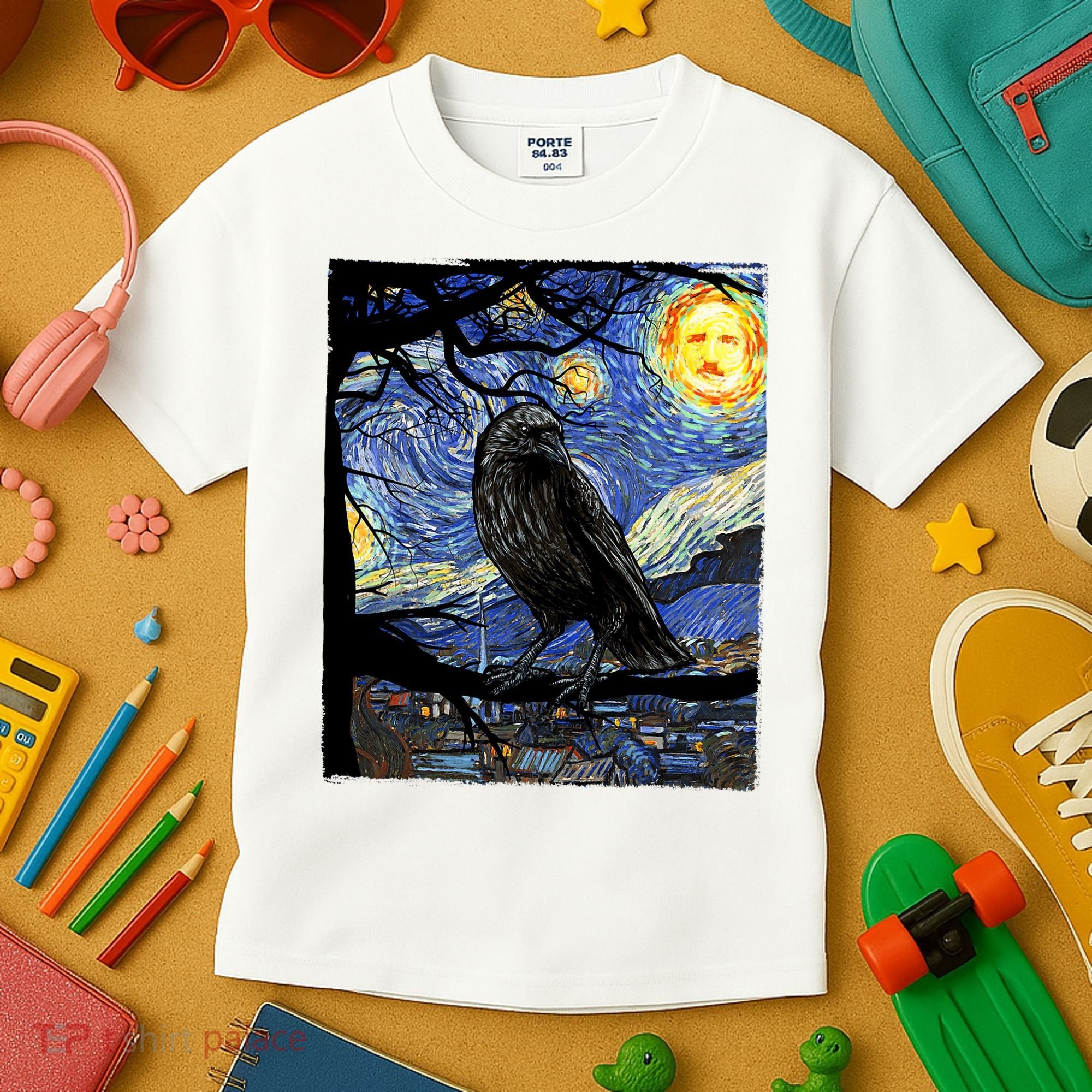 Raven Art Starry Night Edgar Allan Poe Raven Poe Kids T-Shirt