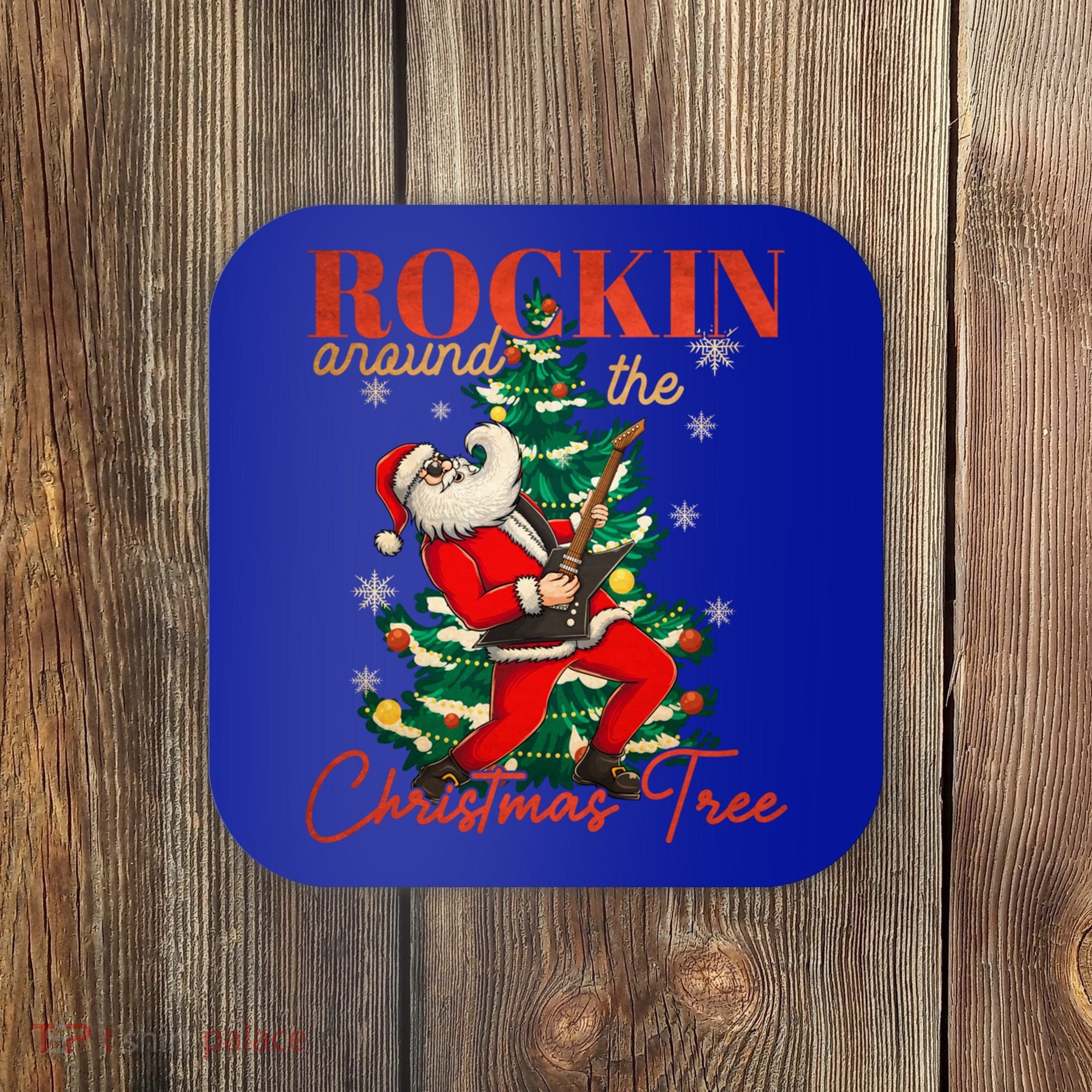 Rocking Around The Christmas Tree Santa Rock And Roll Guitar Great Gift Coaster