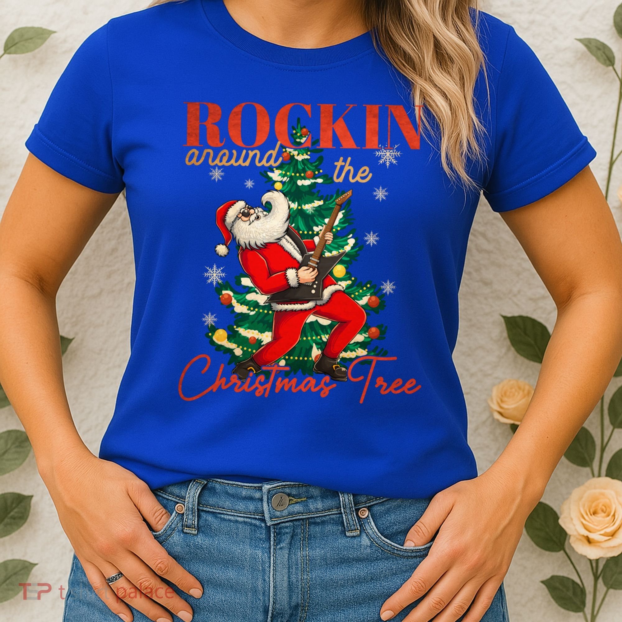 Rocking Around The Christmas Tree Santa Rock And Roll Guitar Great Gift Women's T-Shirt