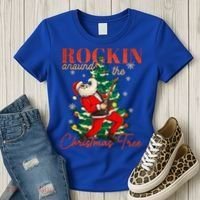 Rocking Around The Christmas Tree Santa Rock And Roll Guitar Great Gift Women's T-Shirt thumb 3
