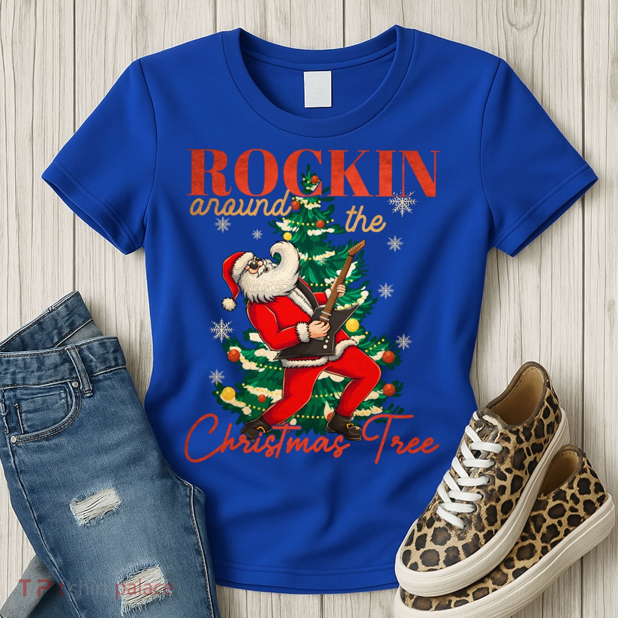 Rocking Around The Christmas Tree Santa Rock And Roll Guitar Great Gift Women's T-Shirt