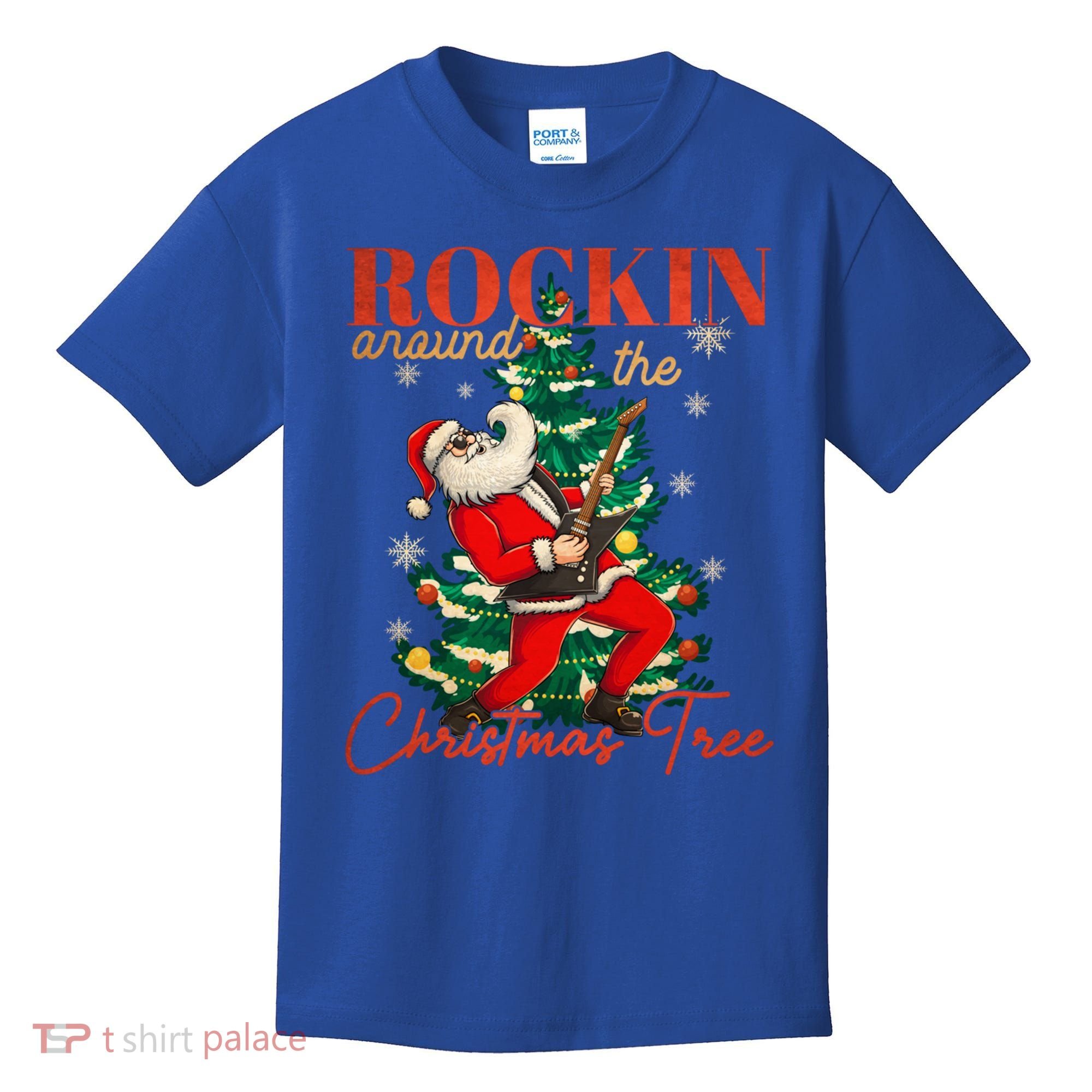 Rocking Around The Christmas Tree Santa Rock And Roll Guitar Great Gift Kids T-Shirt