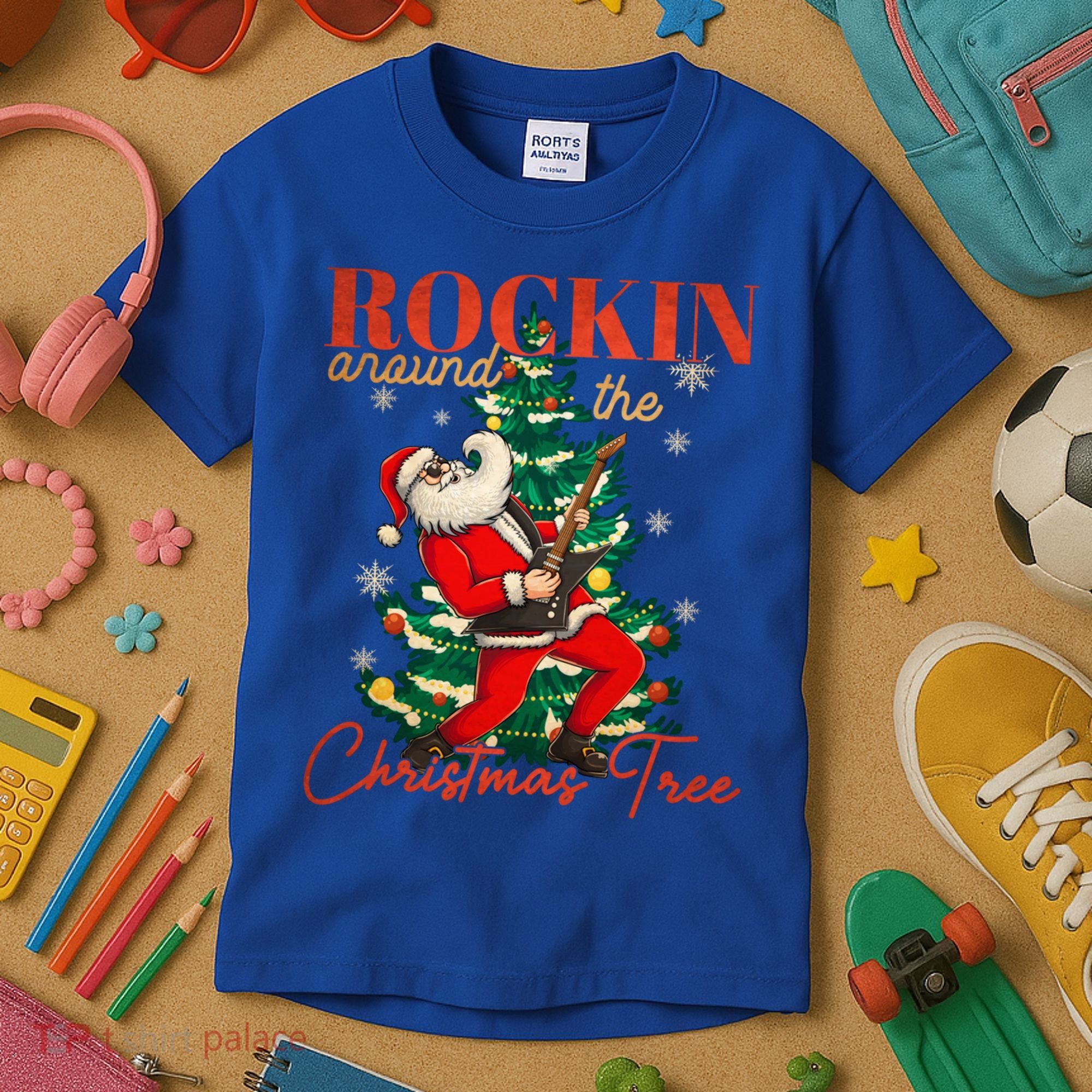Rocking Around The Christmas Tree Santa Rock And Roll Guitar Great Gift Kids T-Shirt