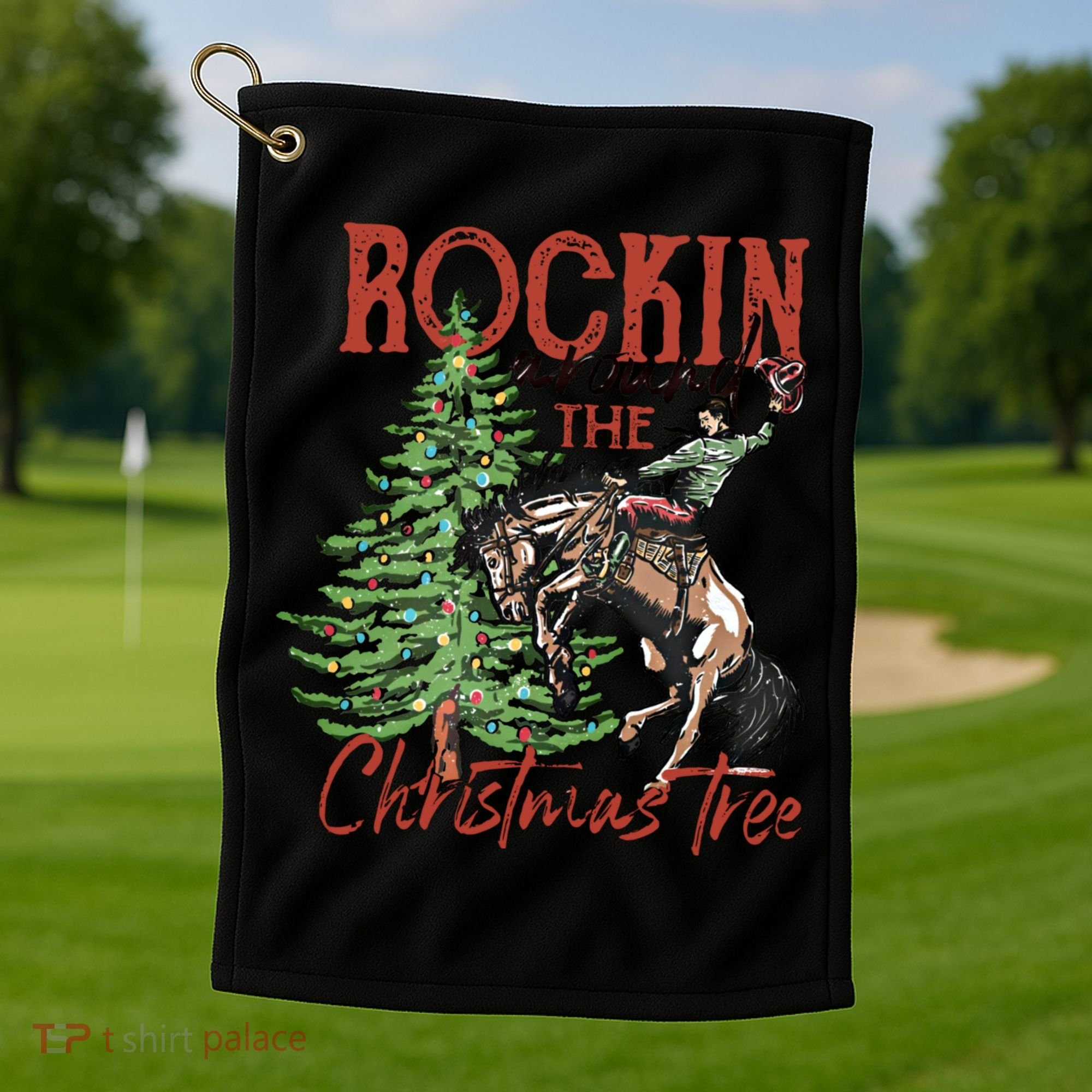 Rocking Around The Christmas Tree Retro Cowboy Christmas Golf Towel
